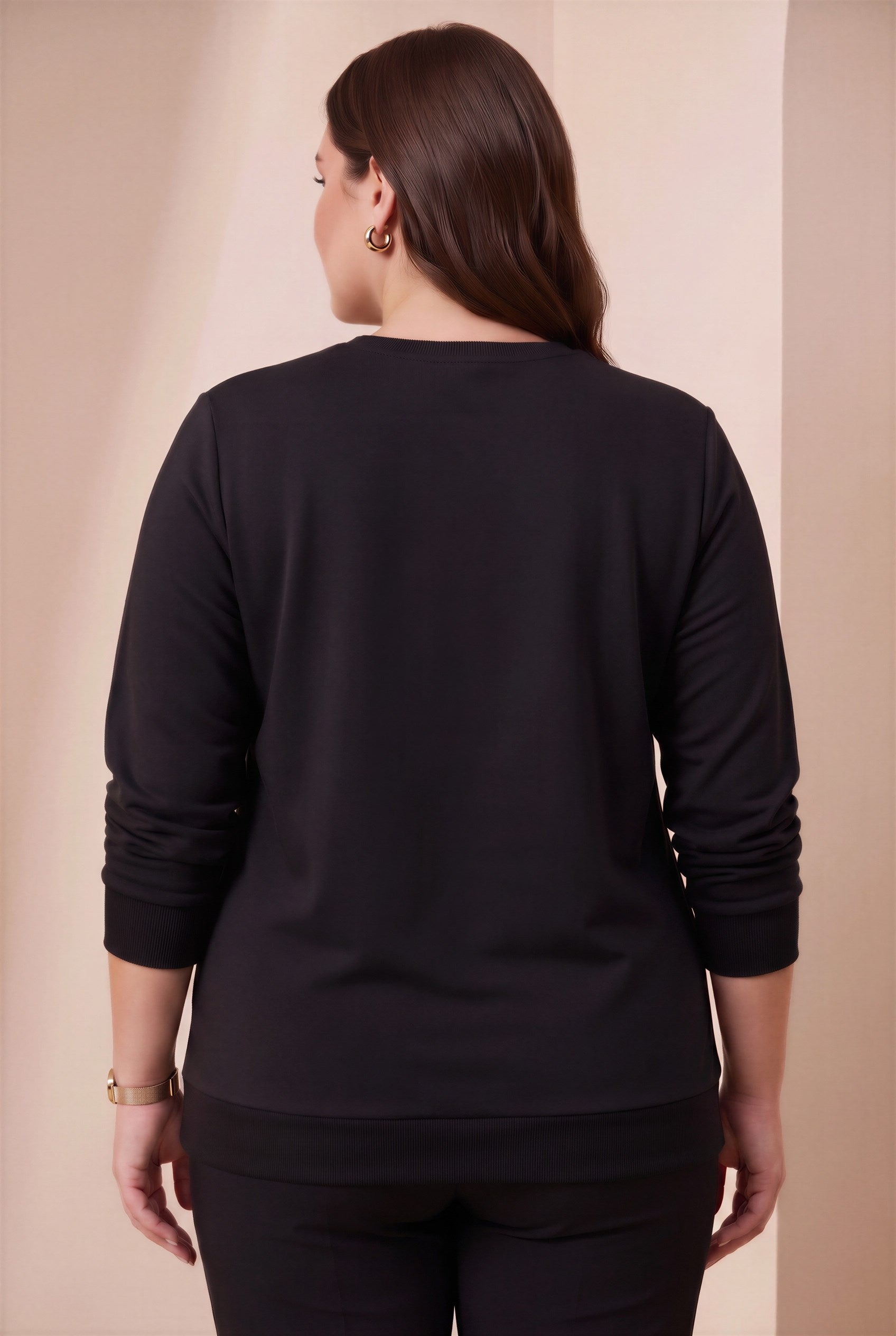 Özel Baskı Detaylı Büyük Beden Örme Modal Sweatshirt Siyah