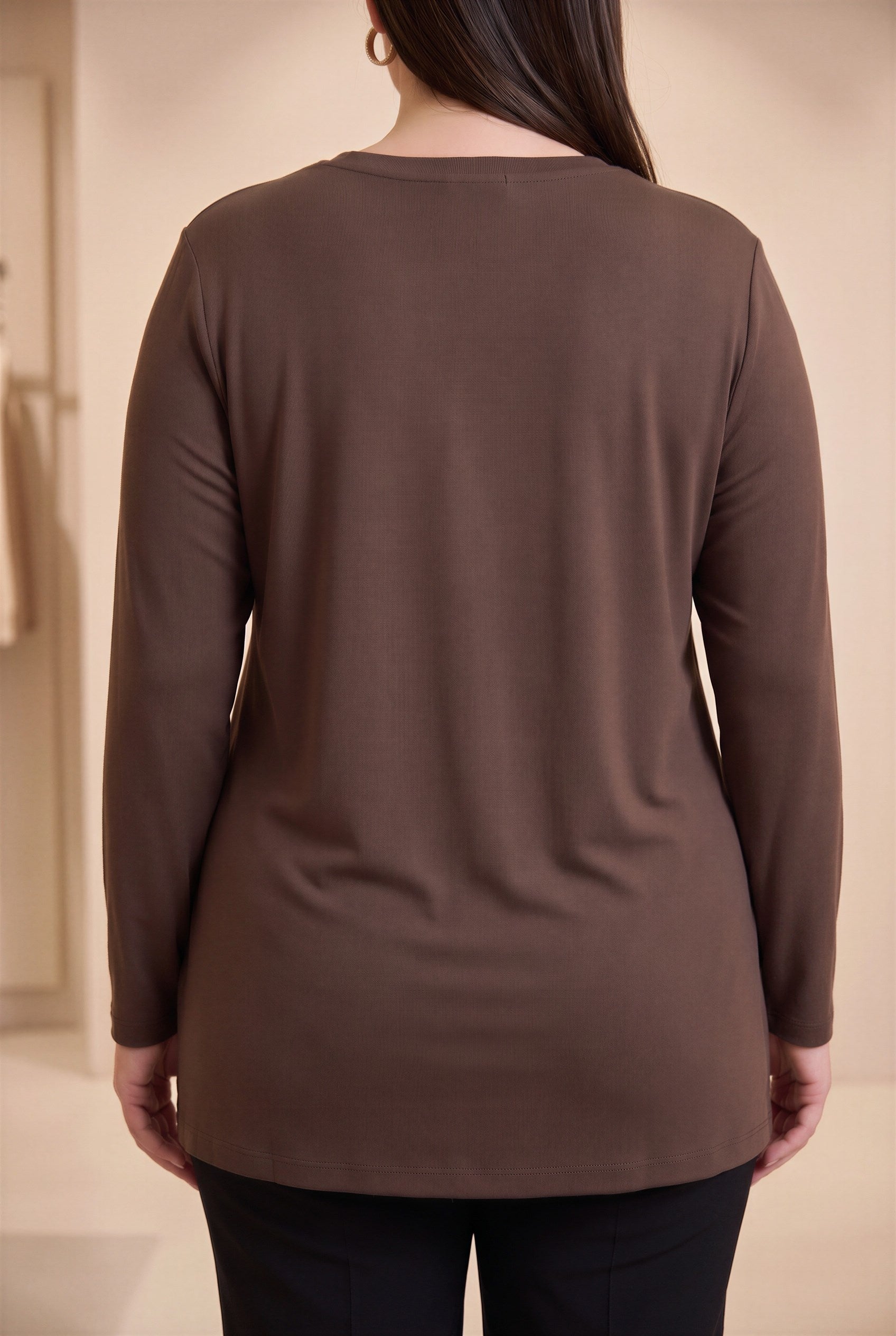 Özel Baskı Detaylı Büyük Beden Örme Triko Bluz Kahve