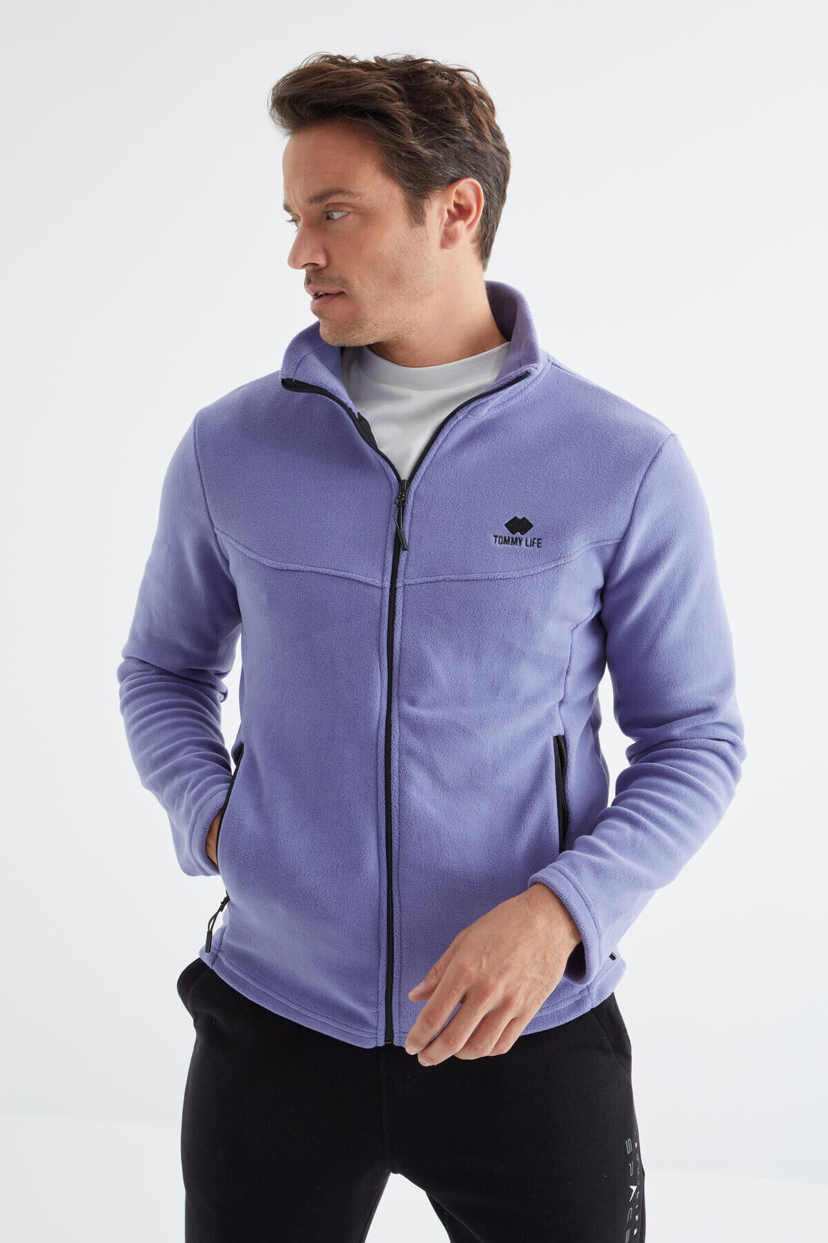 Açık Eflatun Fermuarlı Dik Yaka Standart Kalıp Erkek Polar Sweatshirt - 88134