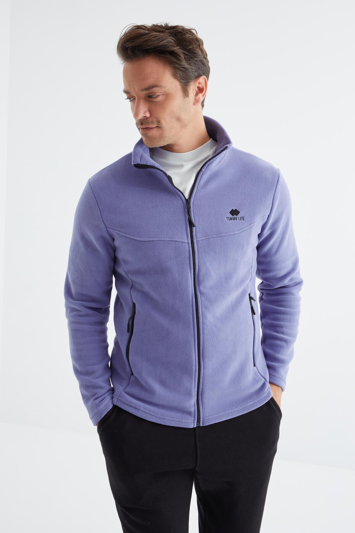 Açık Eflatun Fermuarlı Dik Yaka Standart Kalıp Erkek Polar Sweatshirt - 88134