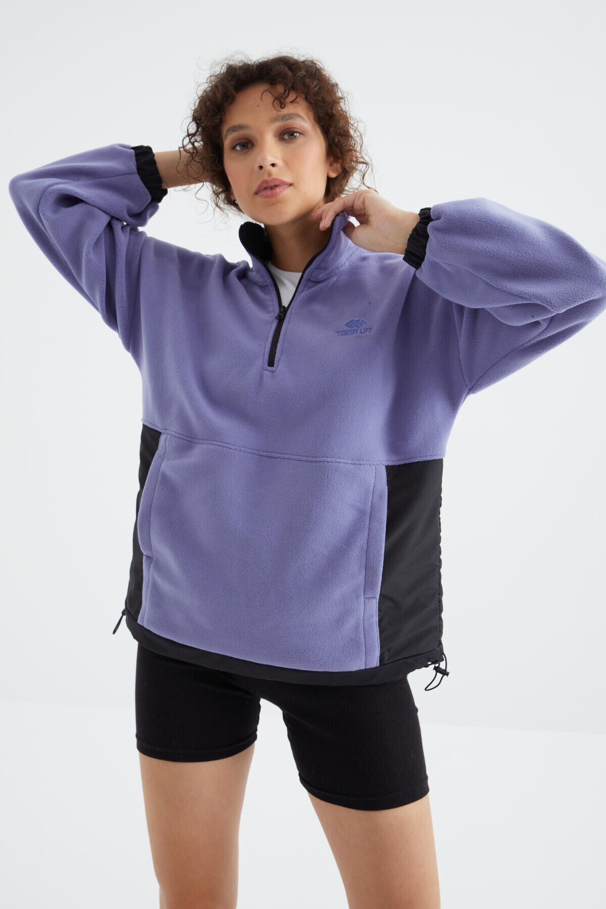 Açık Eflatun Yarım Fermuar Etek Ucu Büzgülü Dik Yaka  Oversize Kadın Polar Sweatshirt - 97236