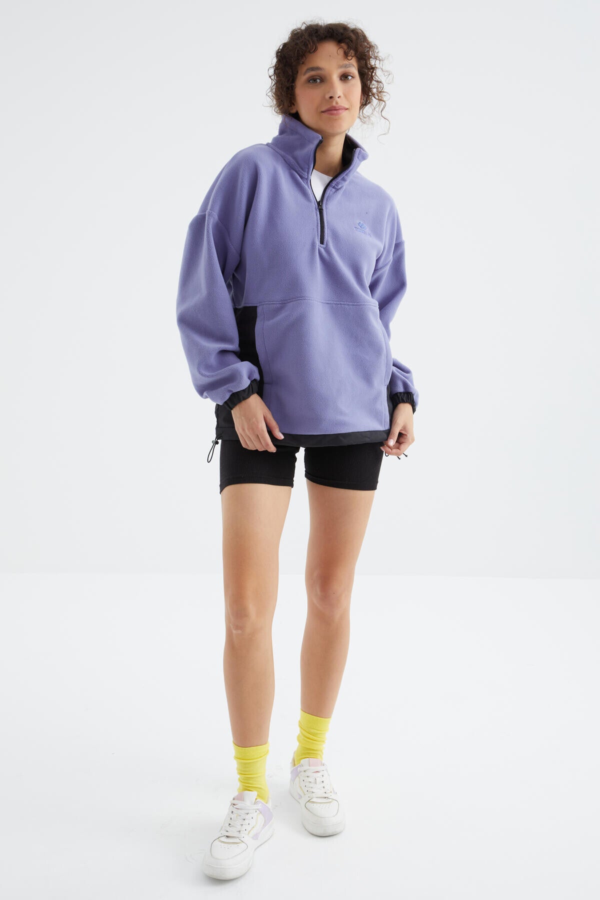 Açık Eflatun Yarım Fermuar Etek Ucu Büzgülü Dik Yaka  Oversize Kadın Polar Sweatshirt - 97236