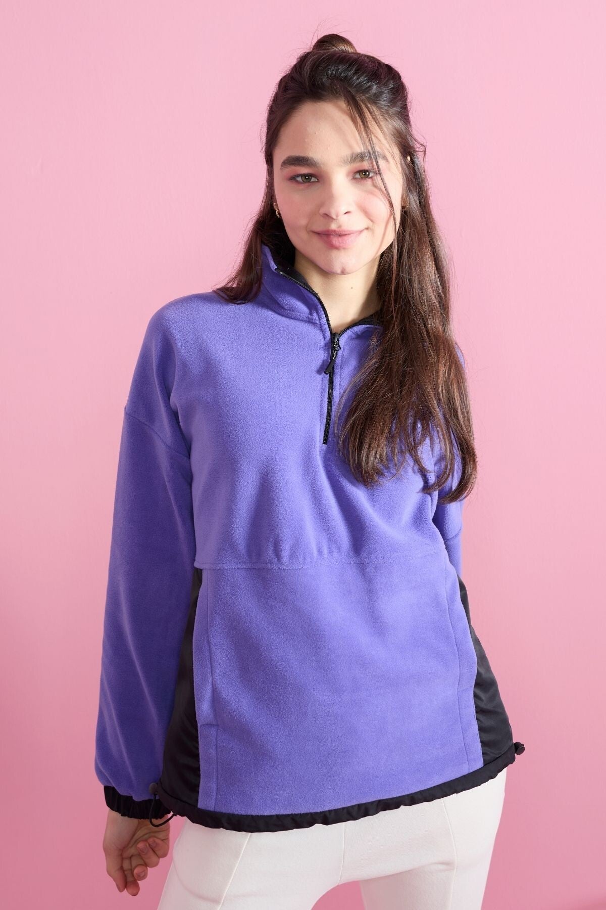 Açık Eflatun Yarım Fermuar Etek Ucu Büzgülü Dik Yaka  Oversize Kadın Polar Sweatshirt - 97236