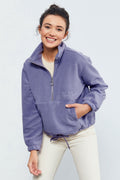 Açık Eflatun Yarım Fermuar Etek Ucu Büzgülü Kadın Polar Oversize Sweatshirt - 97171
