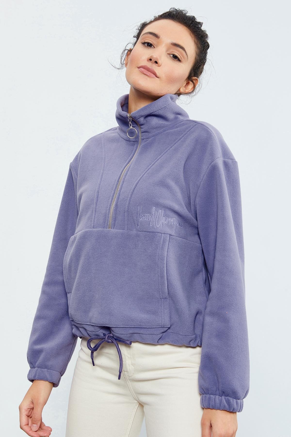 Açık Eflatun Yarım Fermuar Etek Ucu Büzgülü Kadın Polar Oversize Sweatshirt - 97171