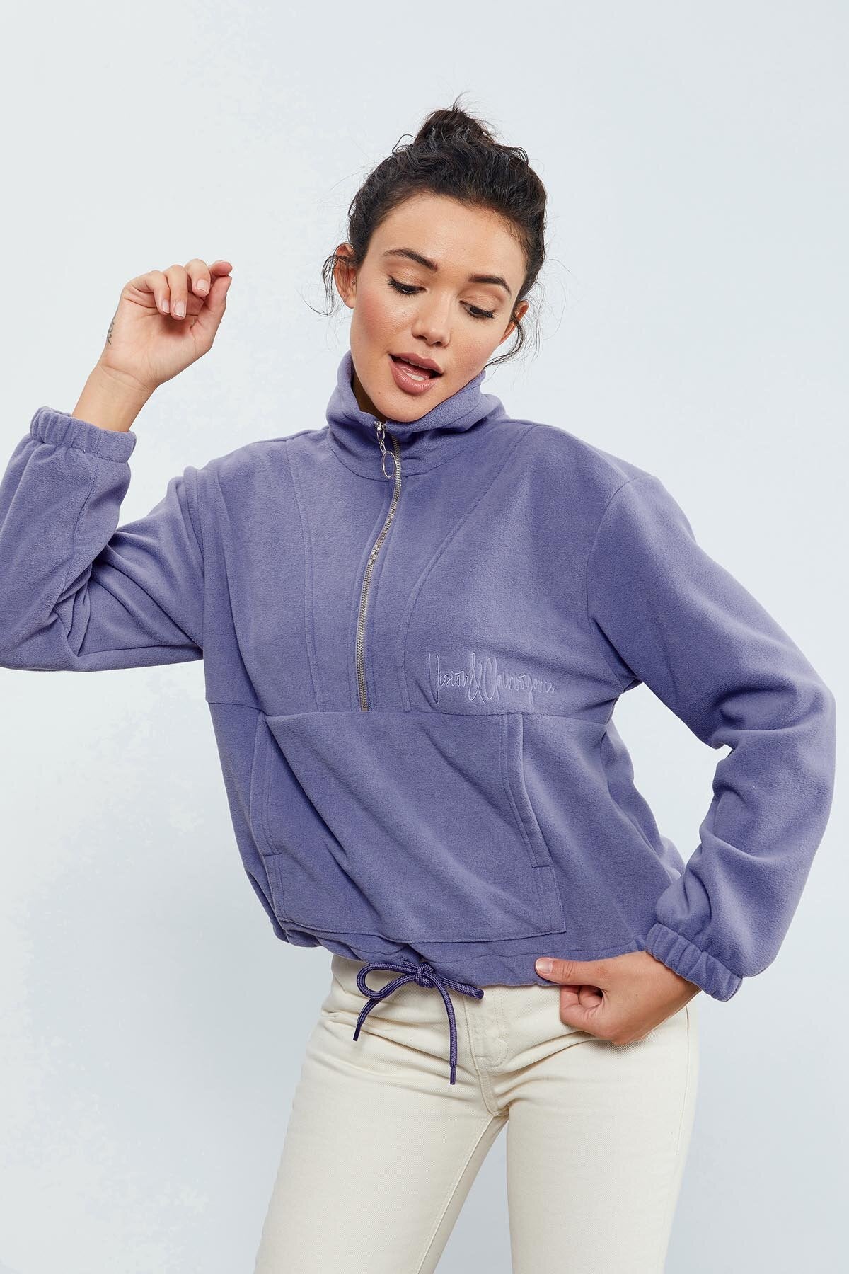 Açık Eflatun Yarım Fermuar Etek Ucu Büzgülü Kadın Polar Oversize Sweatshirt - 97171