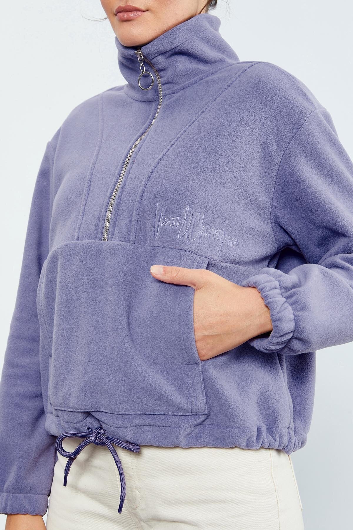 Açık Eflatun Yarım Fermuar Etek Ucu Büzgülü Kadın Polar Oversize Sweatshirt - 97171