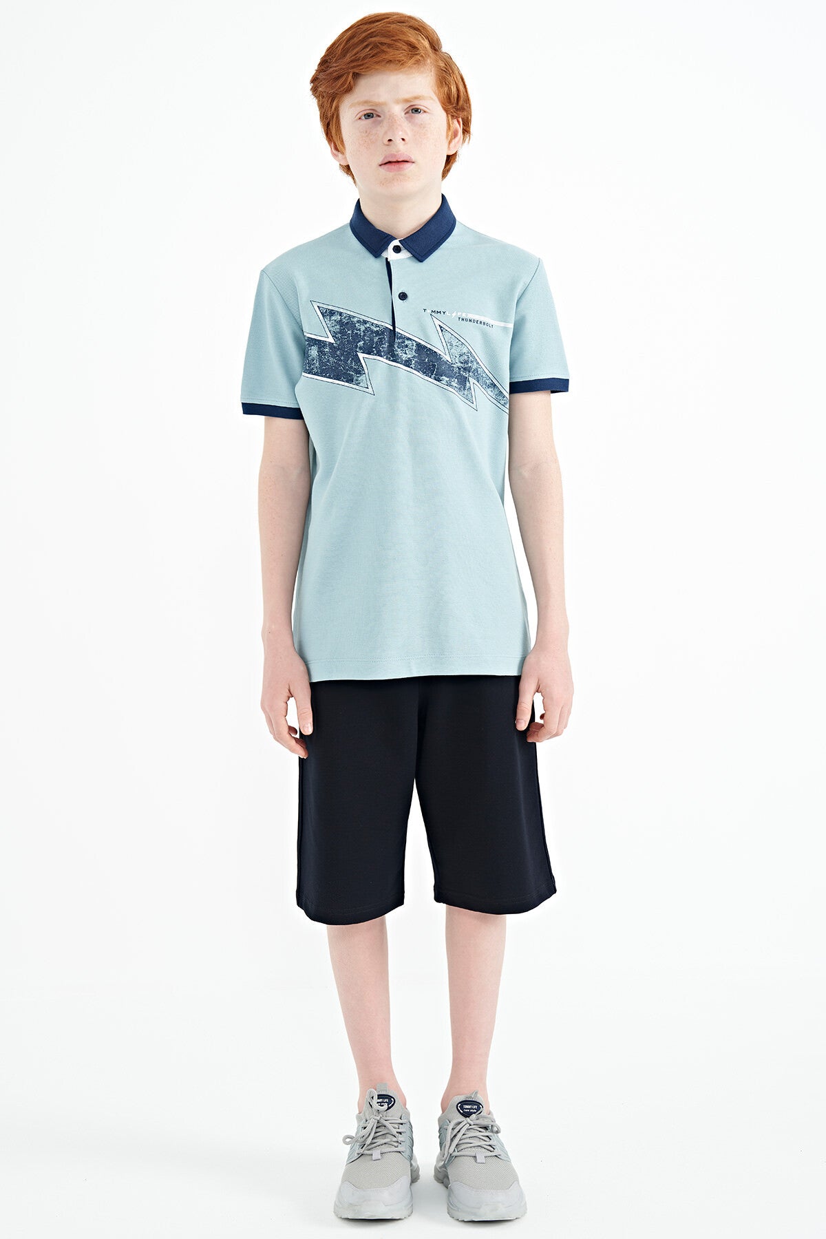 Açık Mavi Baskı Detaylı Standart Kalıp Polo Yaka Erkek Çocuk T-Shirt - 11154