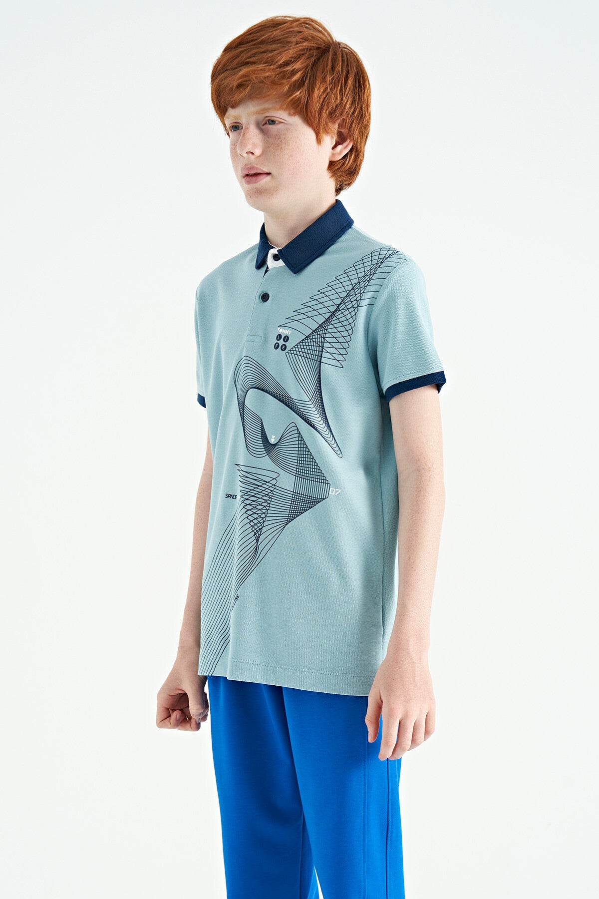 Açık Mavi Baskı Detaylı Standart Kalıp Polo Yaka Erkek Çocuk T-Shirt - 11164