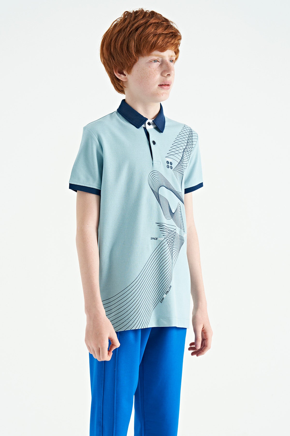 Açık Mavi Baskı Detaylı Standart Kalıp Polo Yaka Erkek Çocuk T-Shirt - 11164