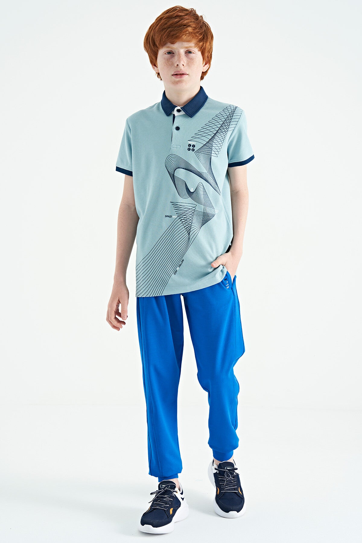 Açık Mavi Baskı Detaylı Standart Kalıp Polo Yaka Erkek Çocuk T-Shirt - 11164