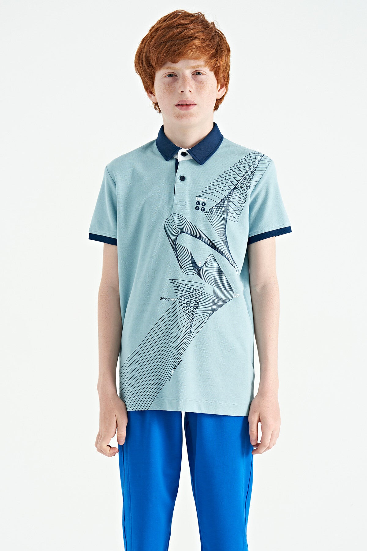 Açık Mavi Baskı Detaylı Standart Kalıp Polo Yaka Erkek Çocuk T-Shirt - 11164