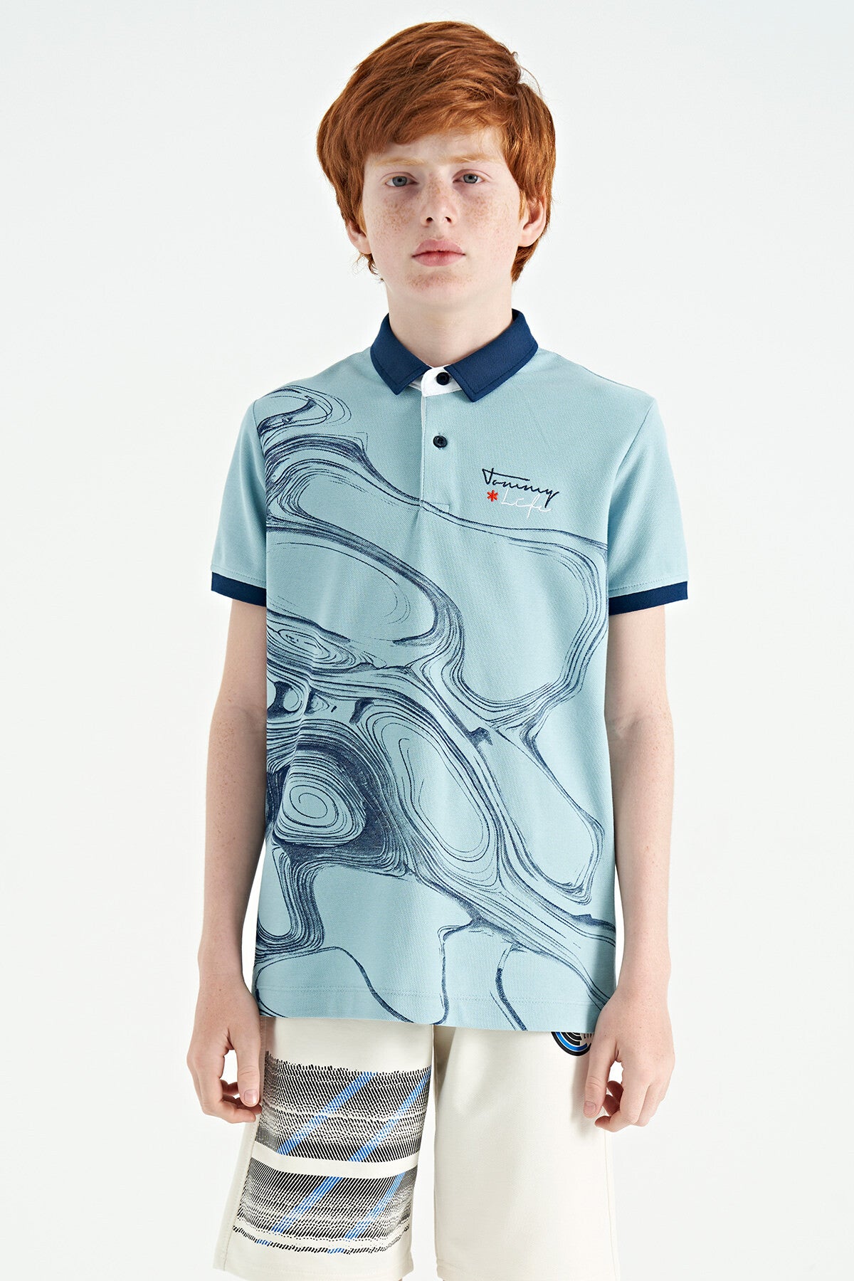 Açık Mavi Baskı Detaylı Standart Kalıp Polo Yaka Erkek Çocuk T-Shirt - 11165