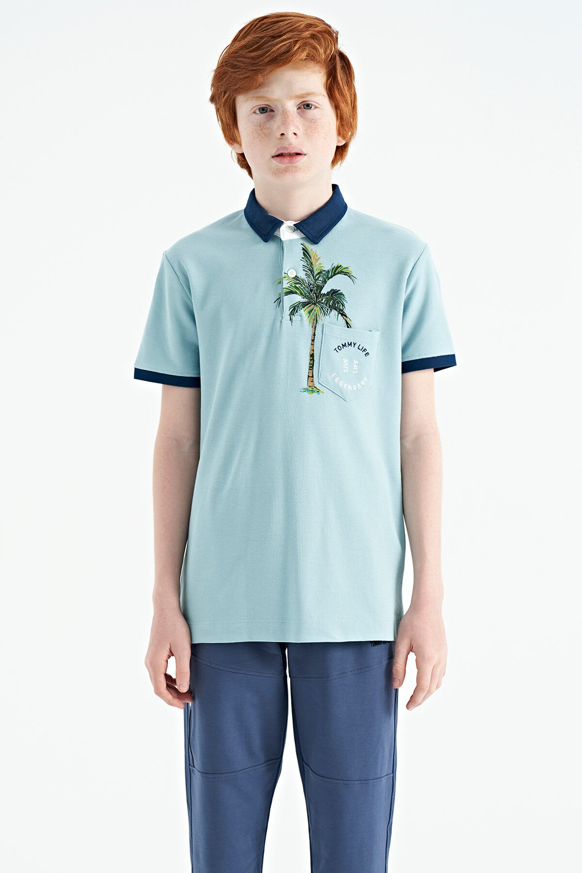 Açık Mavi Baskılı Cep Detaylı Standart Kalıp Polo Yaka Erkek Çocuk T-Shirt - 11144