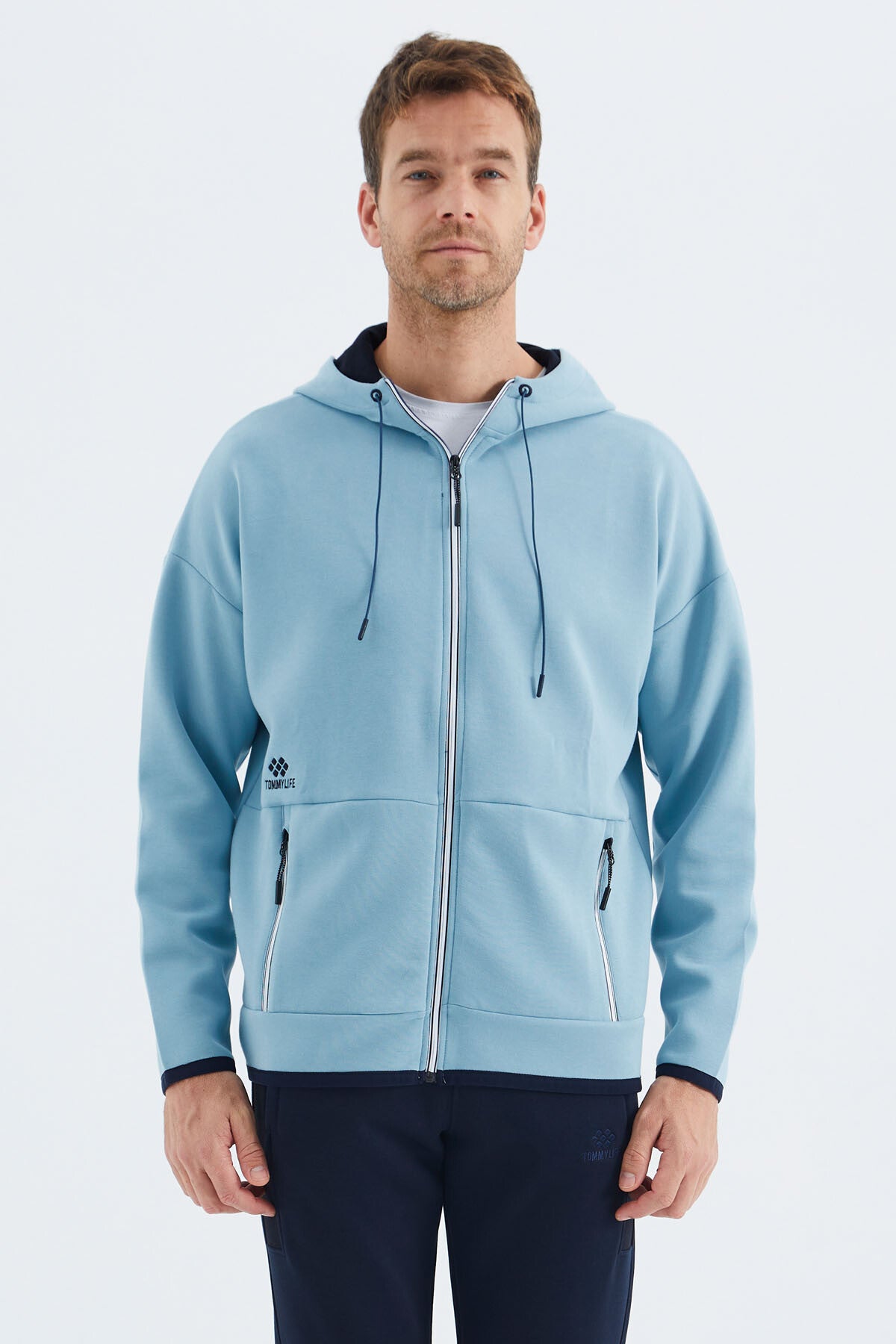 Açık Mavi Kapüşonlu  Gizli Cep Detaylı Erkek Sweatshirt - 88288