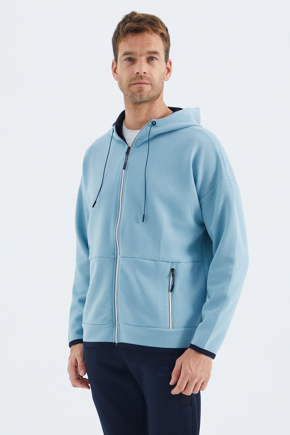 Açık Mavi Kapüşonlu  Gizli Cep Detaylı Erkek Sweatshirt - 88288