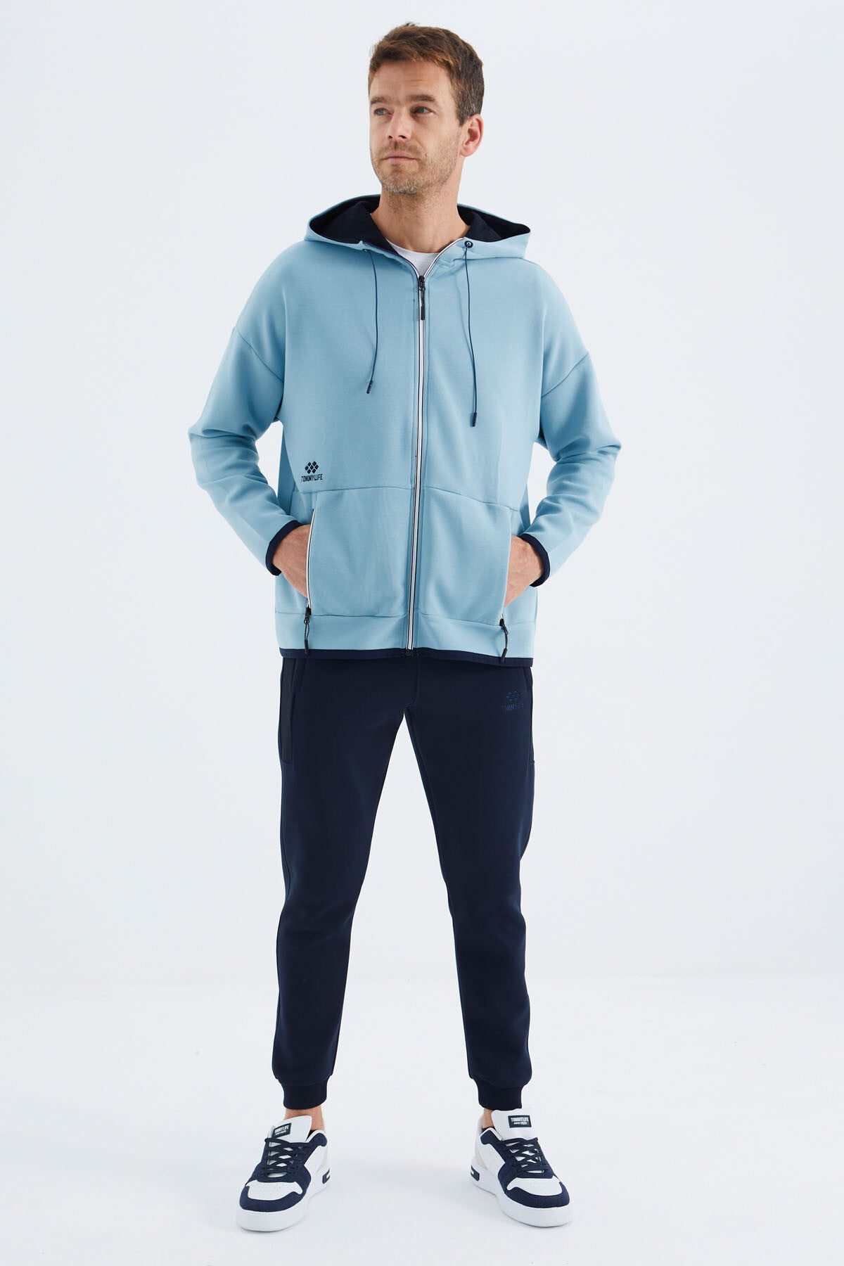 Açık Mavi Kapüşonlu  Gizli Cep Detaylı Erkek Sweatshirt - 88288