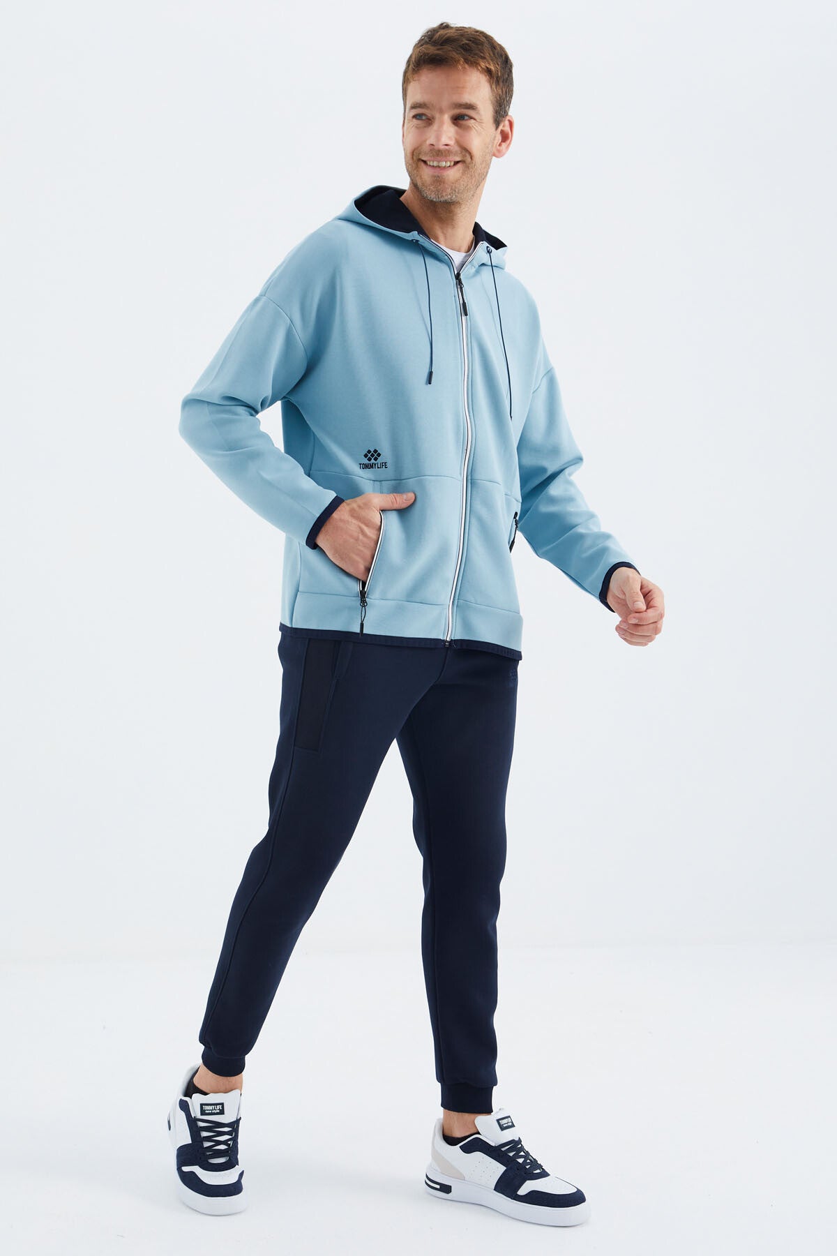 Açık Mavi Kapüşonlu  Gizli Cep Detaylı Erkek Sweatshirt - 88288