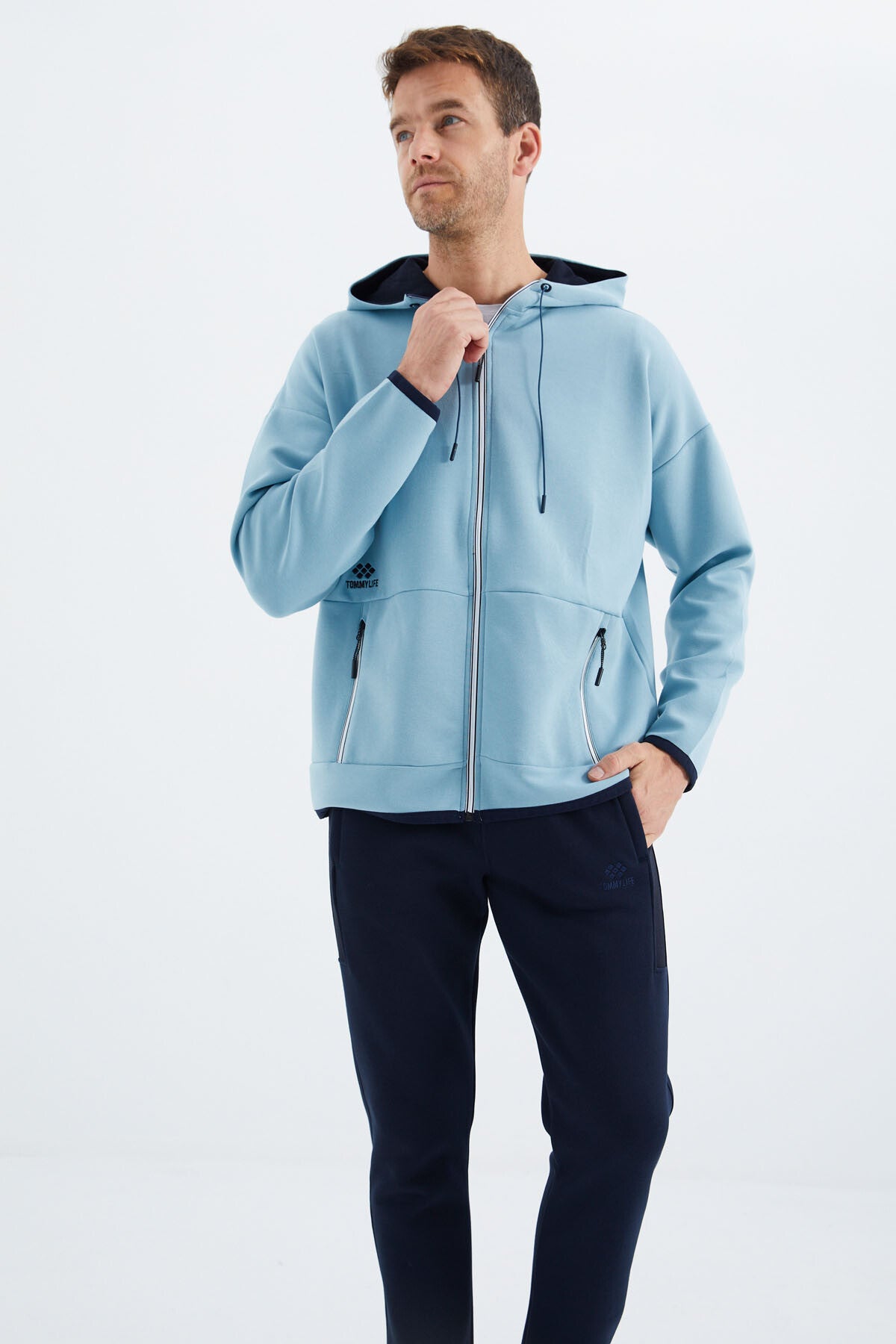 Açık Mavi Kapüşonlu  Gizli Cep Detaylı Erkek Sweatshirt - 88288