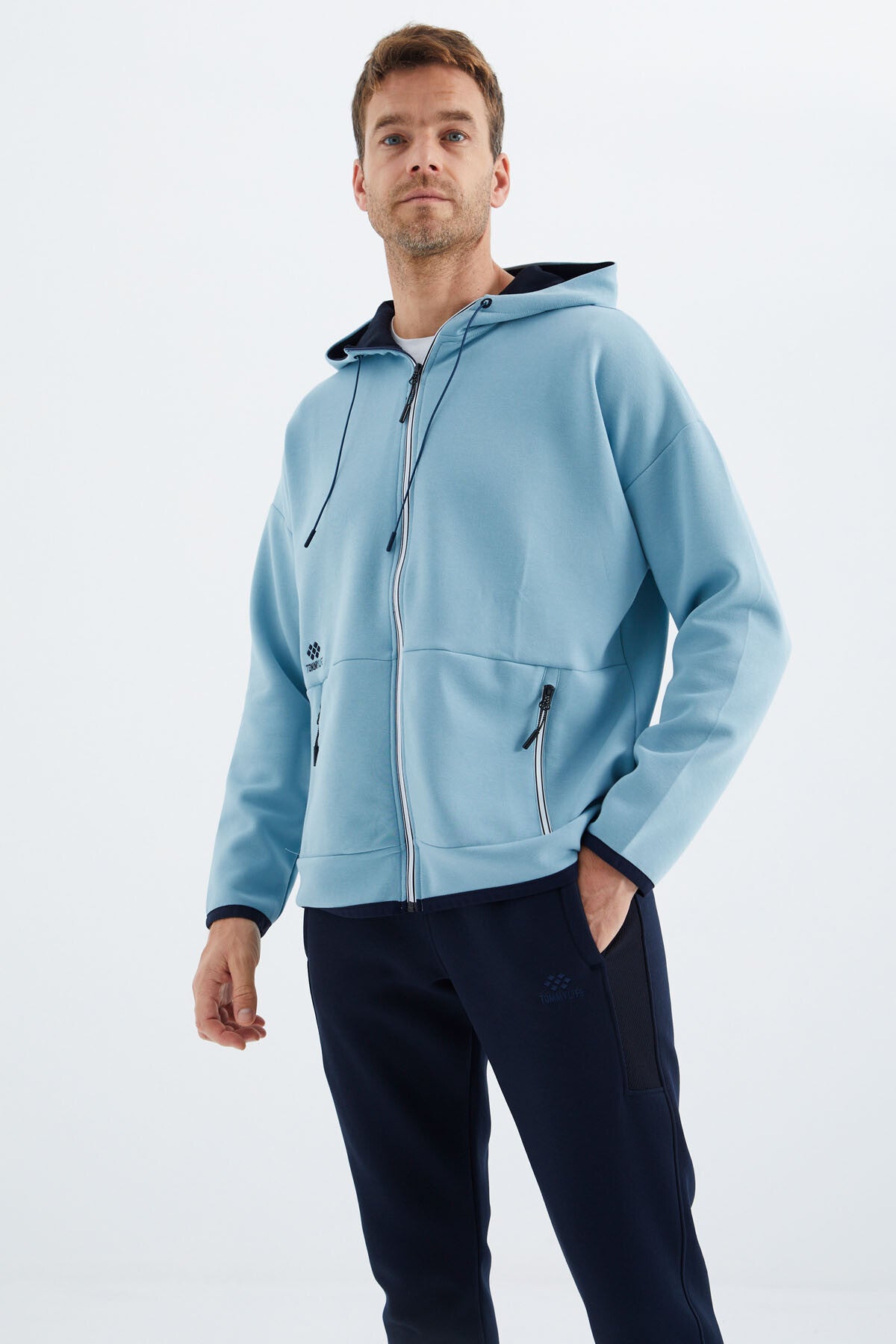 Açık Mavi Kapüşonlu  Gizli Cep Detaylı Erkek Sweatshirt - 88288
