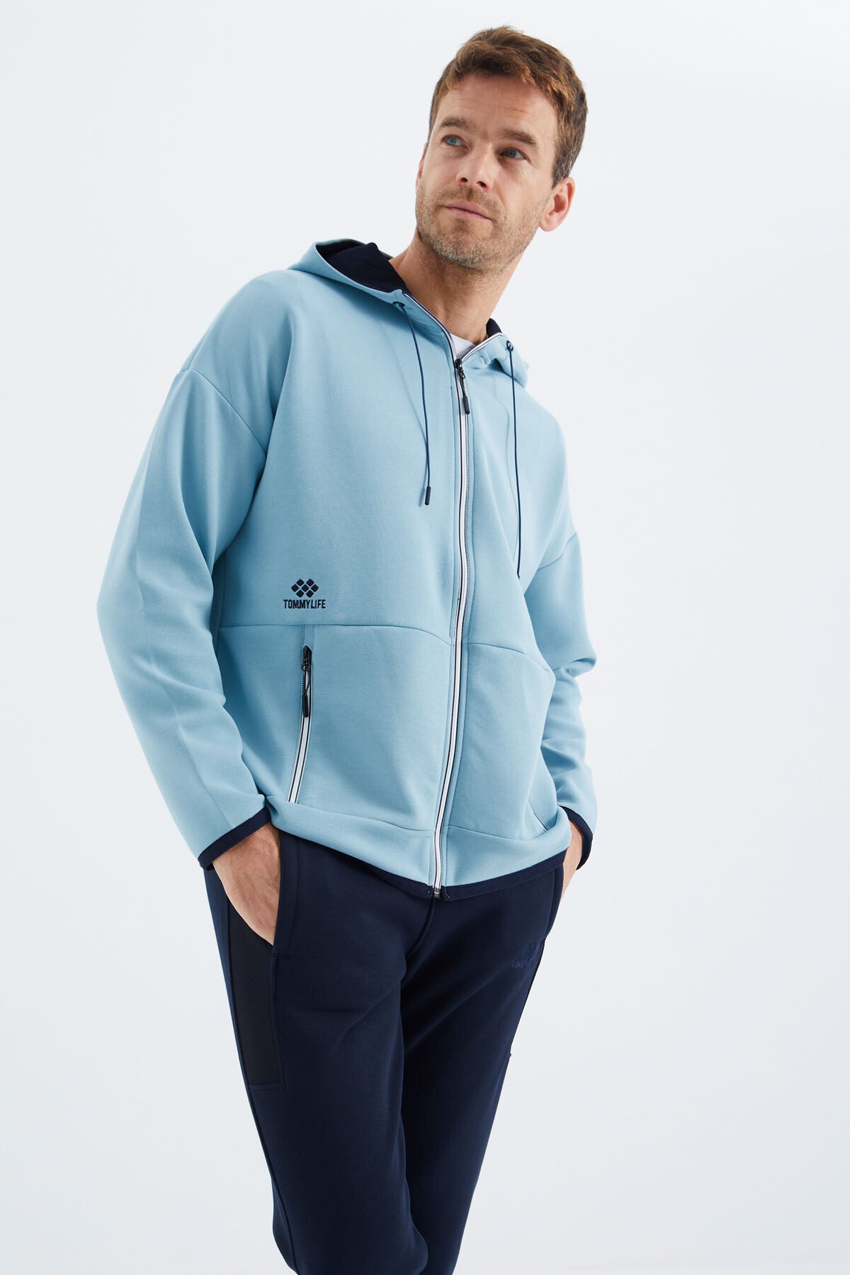 Açık Mavi Kapüşonlu  Gizli Cep Detaylı Erkek Sweatshirt - 88288