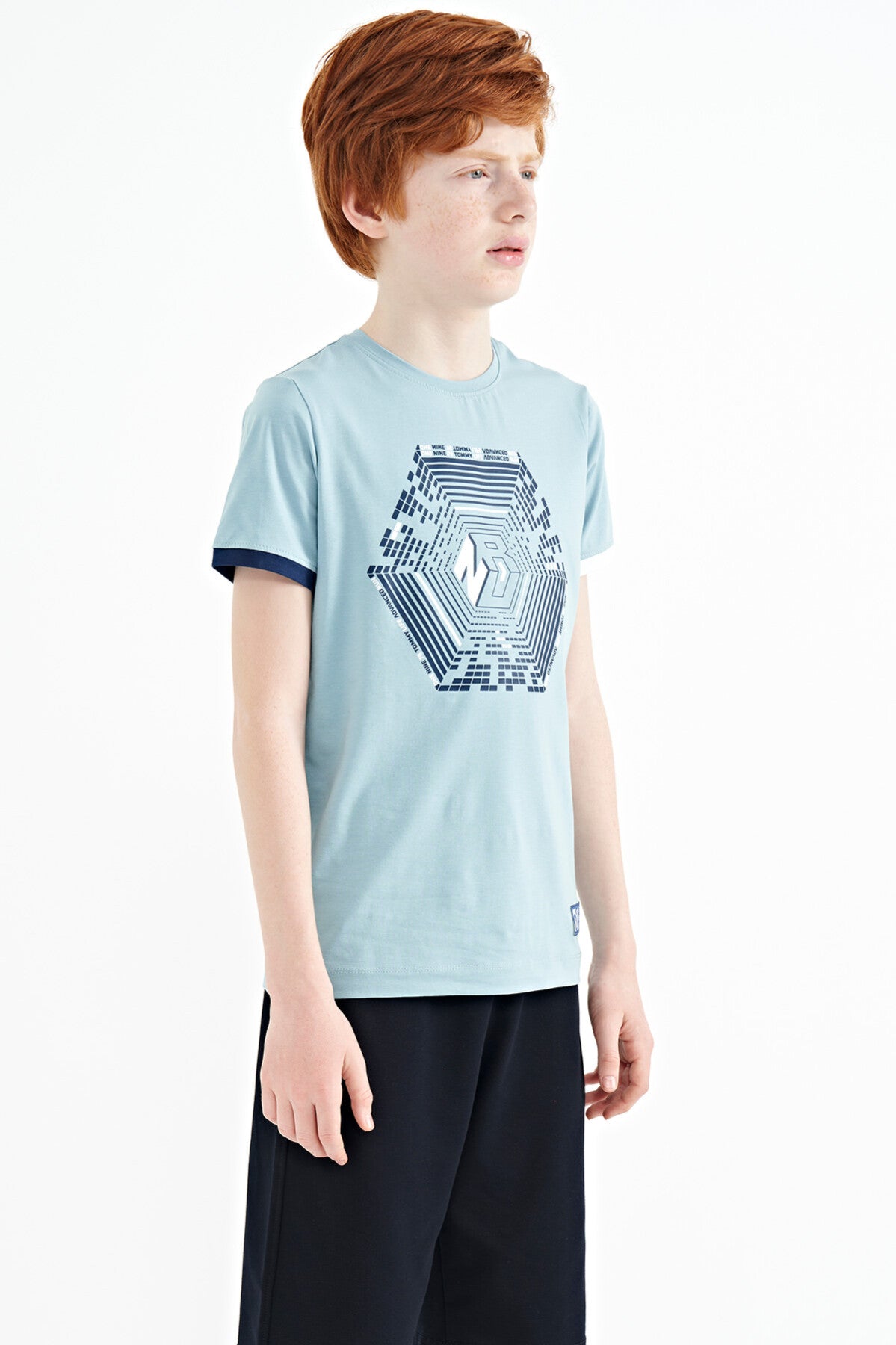 Açık Mavi Kol Ucu Renkli Detaylı Baskılı Standart Kalıp Erkek Çocuk T-Shirt - 11156