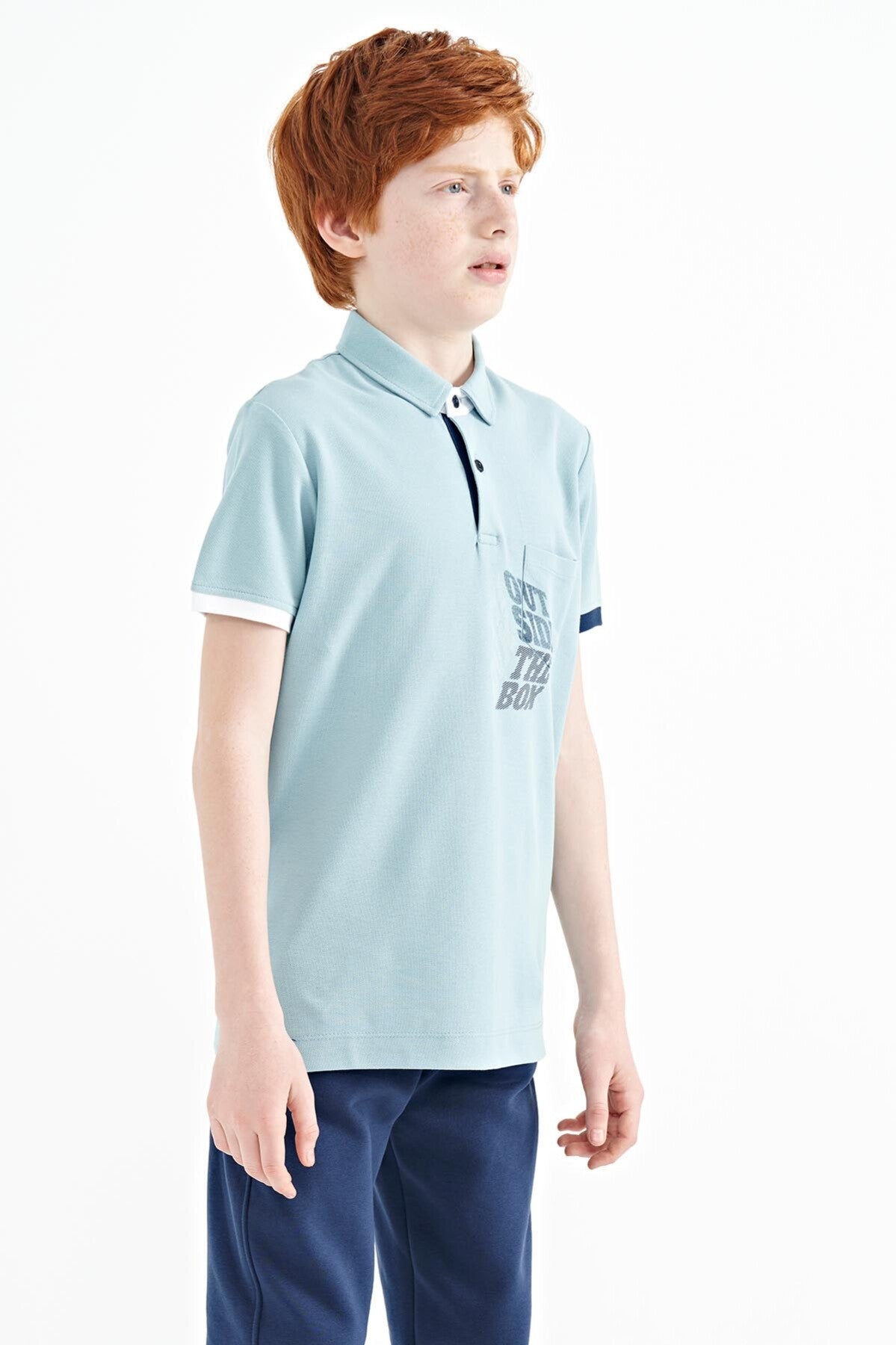 Açık Mavi Ön Cep Detaylı Baskılı Standart Kalıp Polo Yaka Erkek Çocuk T-Shirt - 11102
