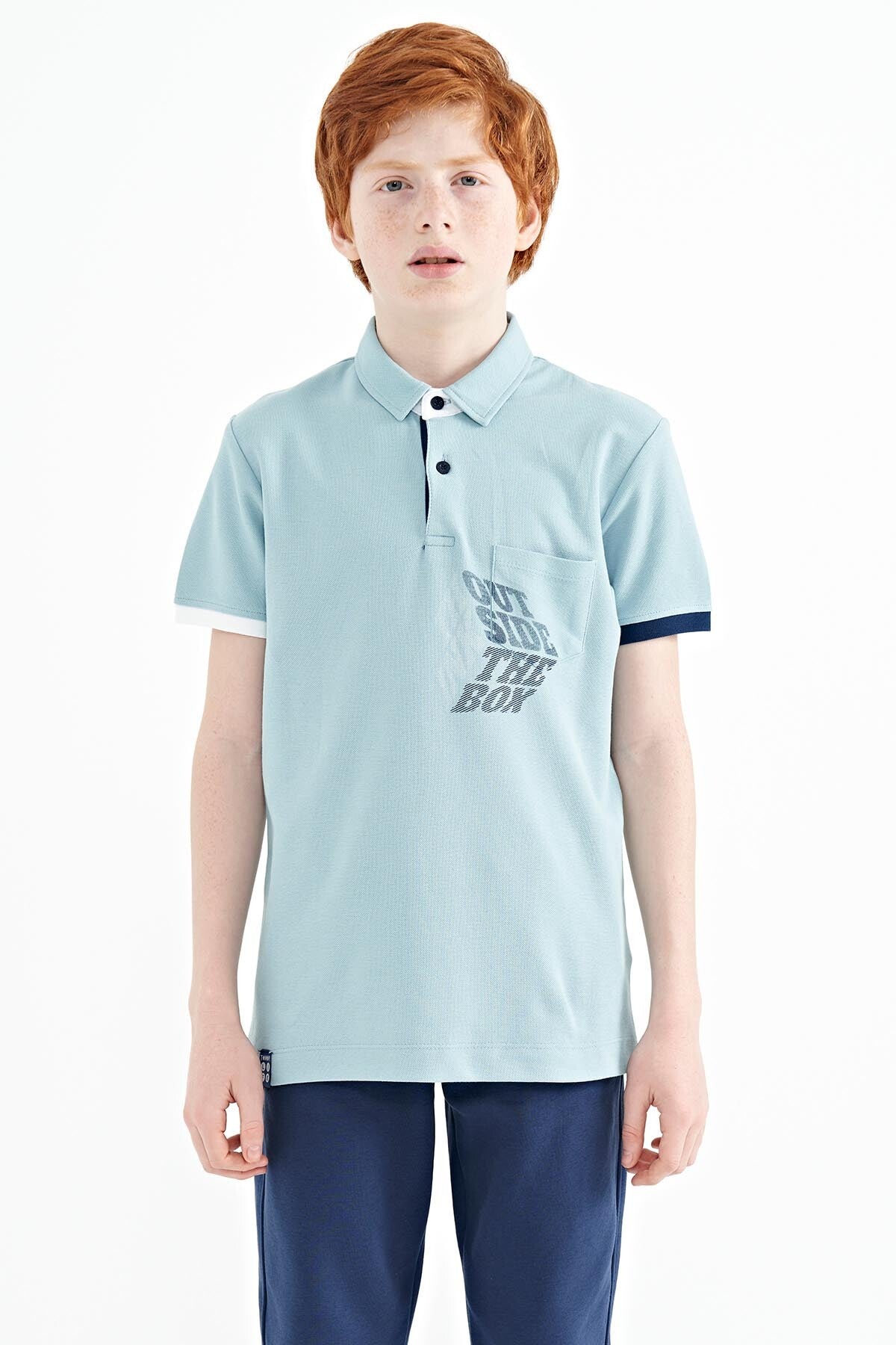 Açık Mavi Ön Cep Detaylı Baskılı Standart Kalıp Polo Yaka Erkek Çocuk T-Shirt - 11102