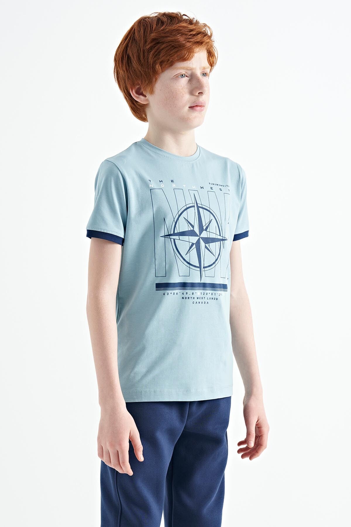 Açık Mavi Pusula Baskılı Standart Kalıp O Yaka Erkek Çocuk T-Shirt - 11106
