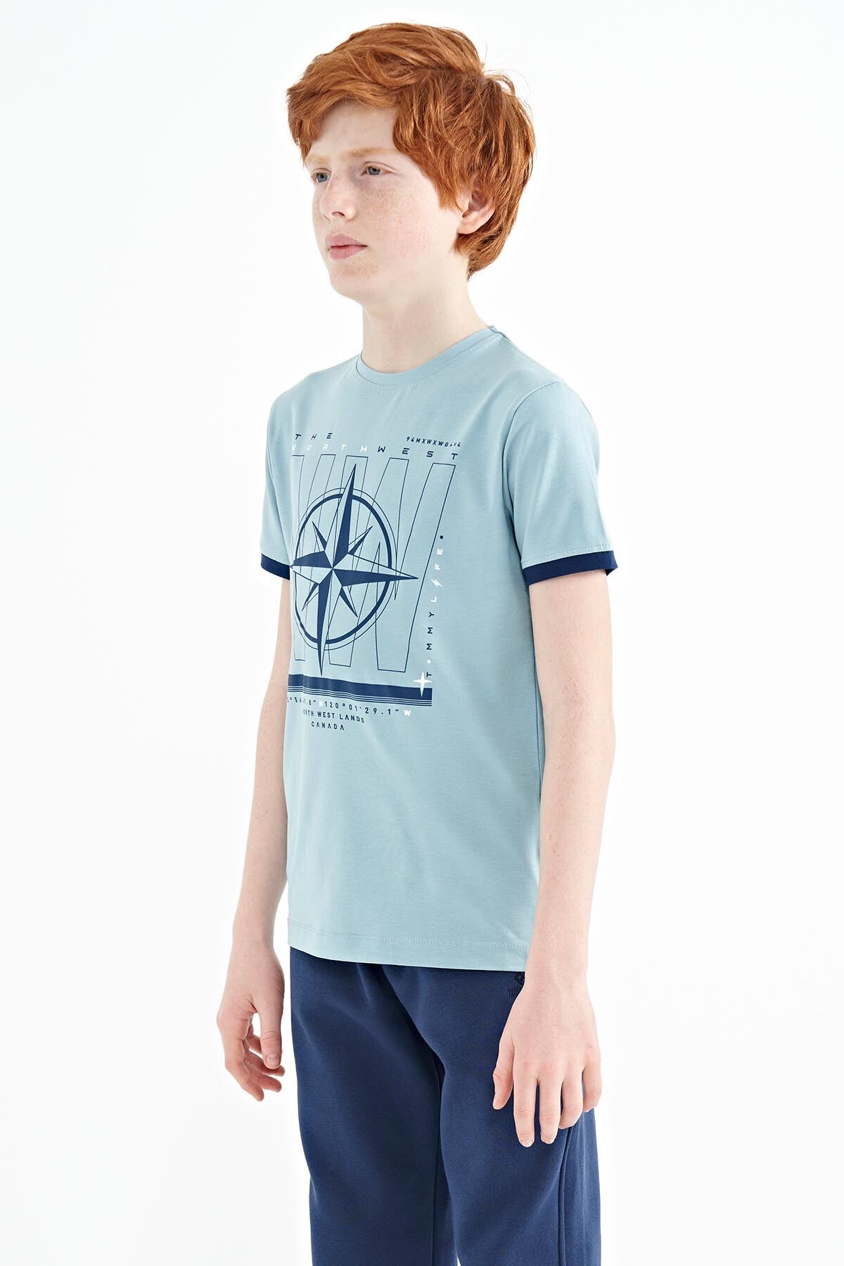Açık Mavi Pusula Baskılı Standart Kalıp O Yaka Erkek Çocuk T-Shirt - 11106