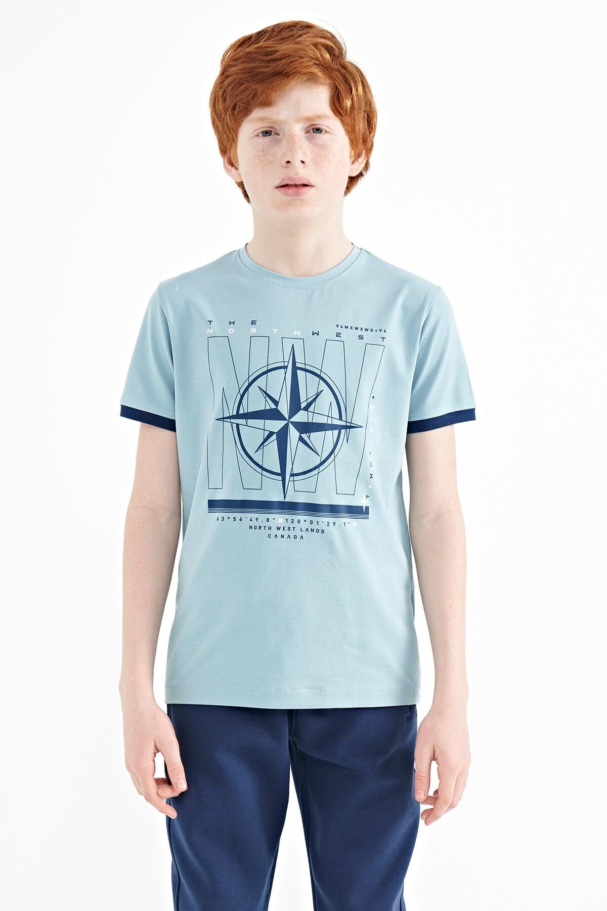 Açık Mavi Pusula Baskılı Standart Kalıp O Yaka Erkek Çocuk T-Shirt - 11106