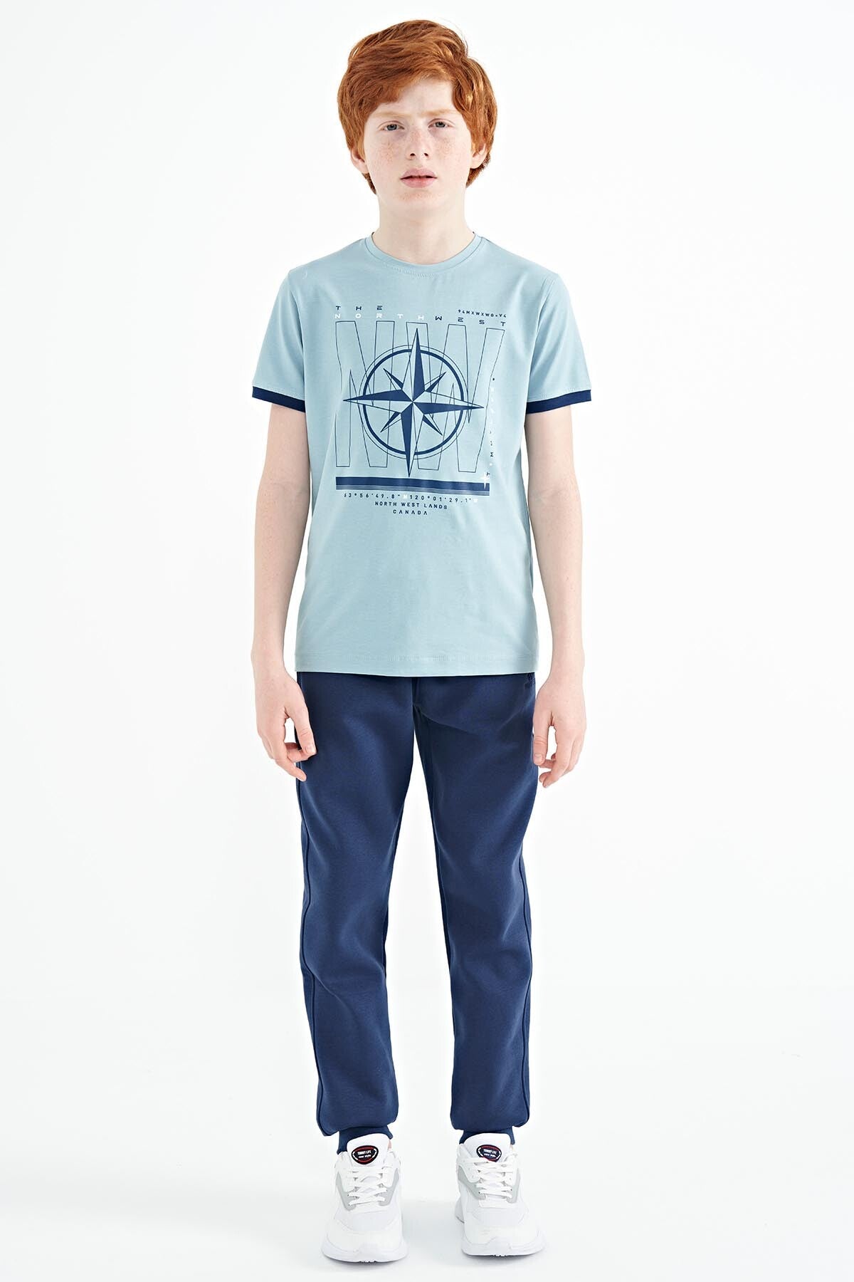 Açık Mavi Pusula Baskılı Standart Kalıp O Yaka Erkek Çocuk T-Shirt - 11106