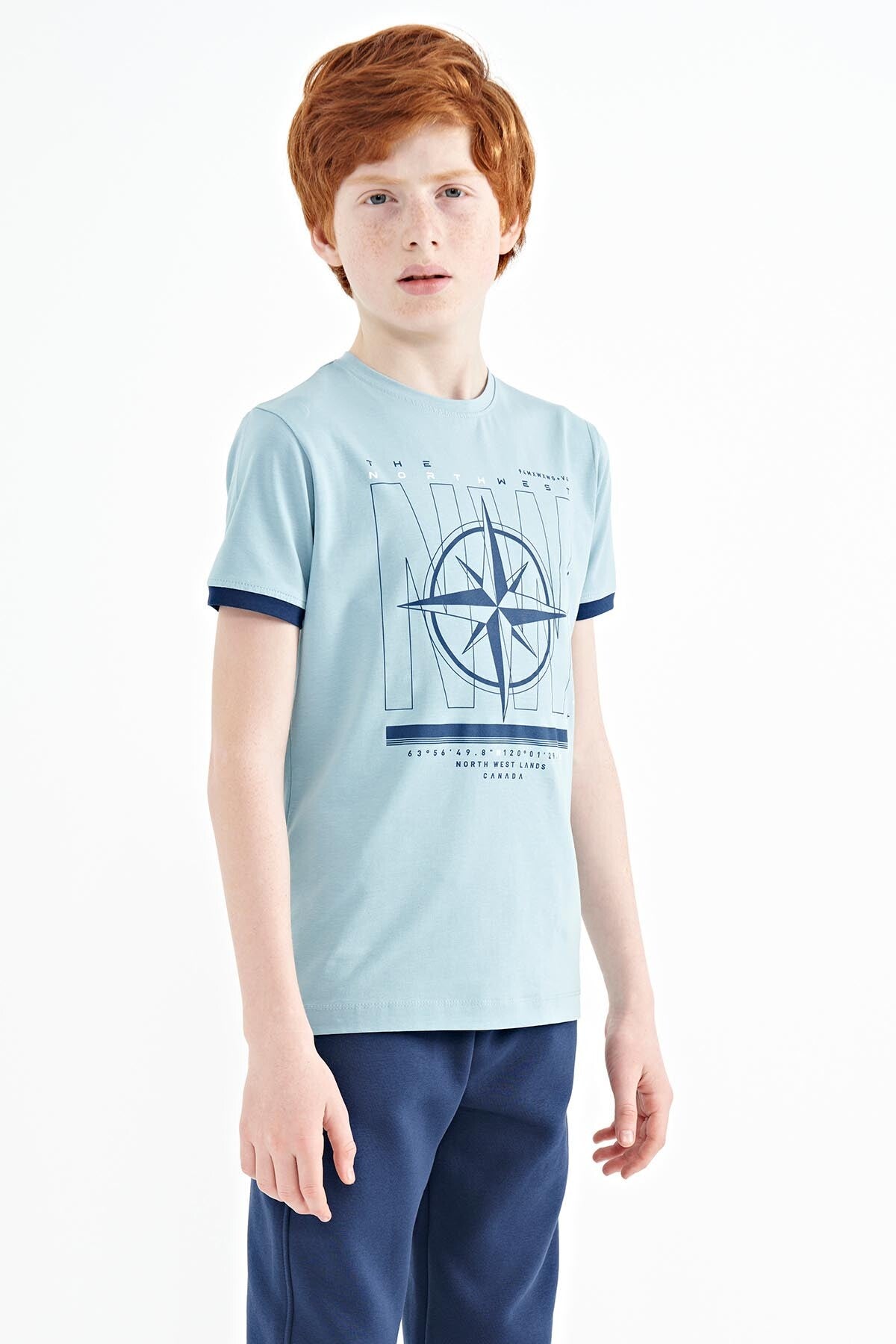 Açık Mavi Pusula Baskılı Standart Kalıp O Yaka Erkek Çocuk T-Shirt - 11106