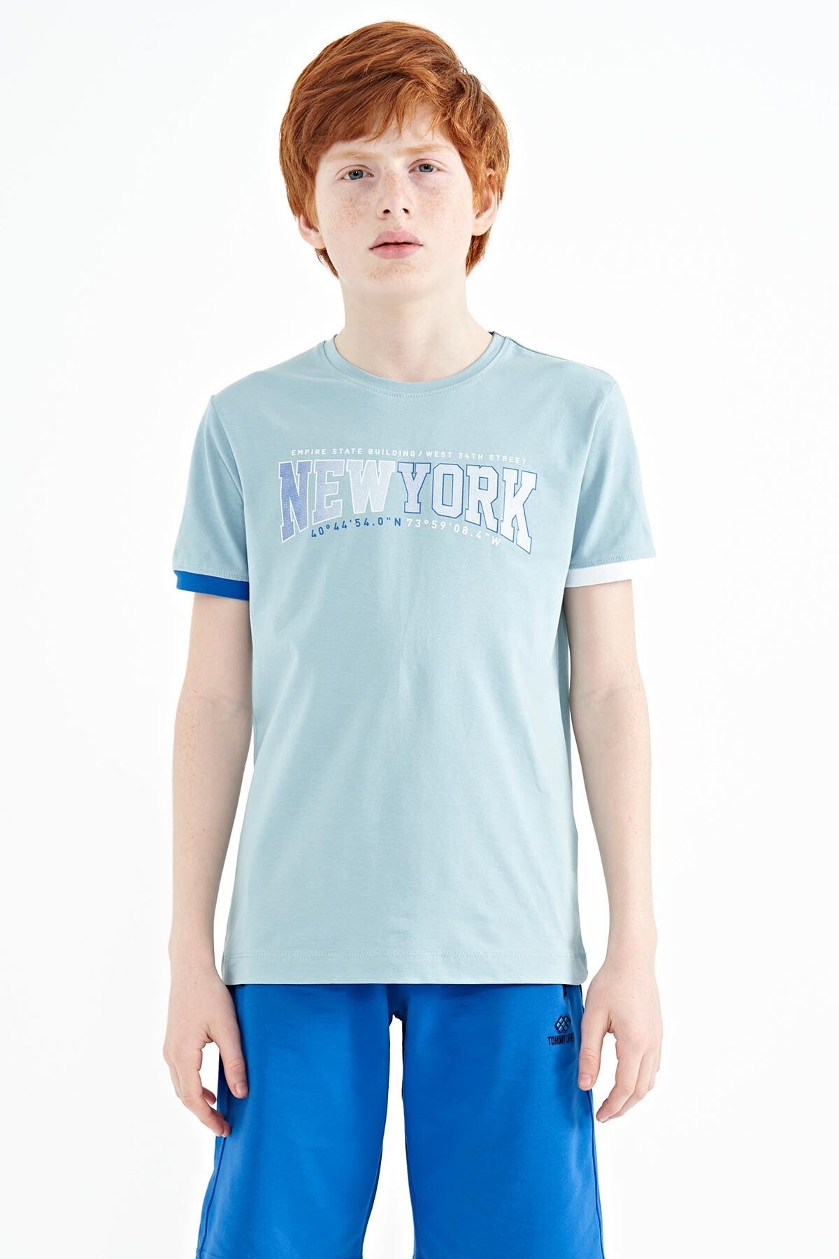 Açık Mavi Yazı Baskılı Standart Kalıp O Yaka Erkek  Çocuk T-Shirt - 11105