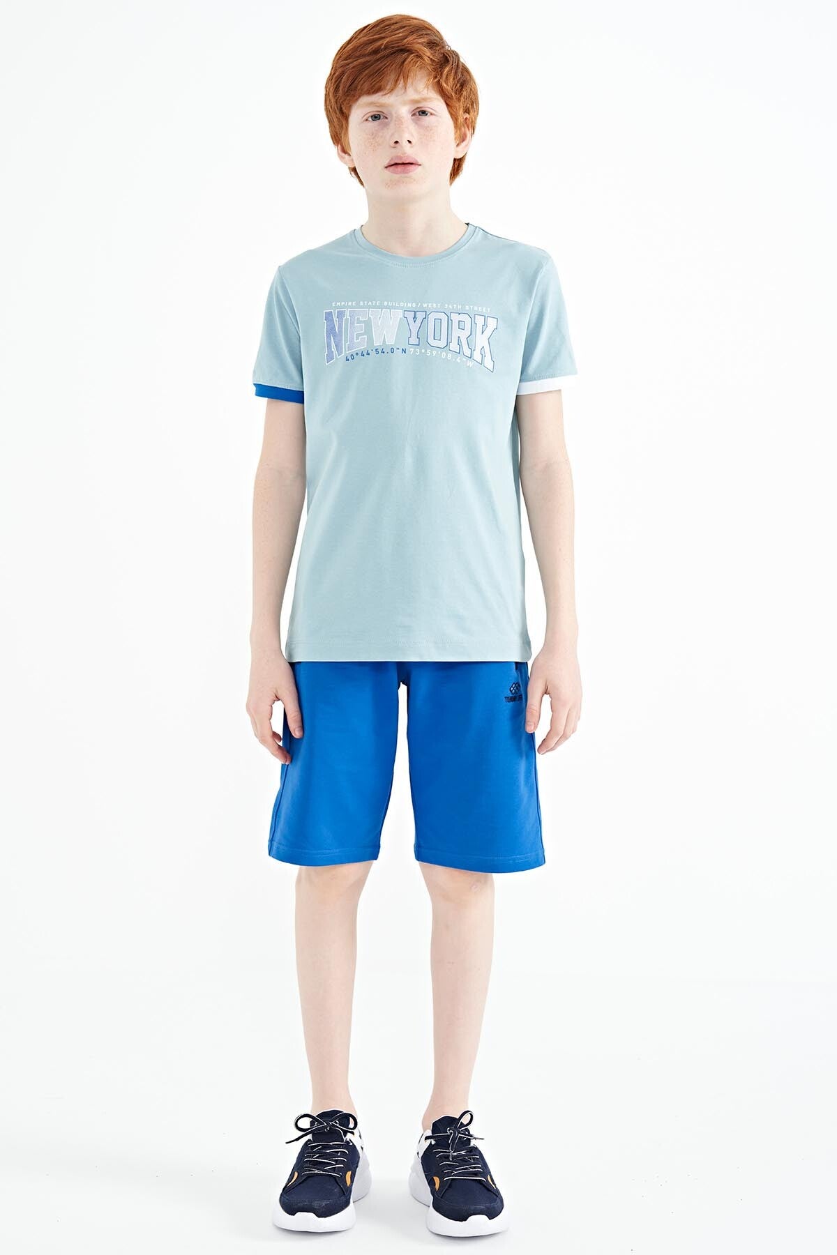 Açık Mavi Yazı Baskılı Standart Kalıp O Yaka Erkek  Çocuk T-Shirt - 11105