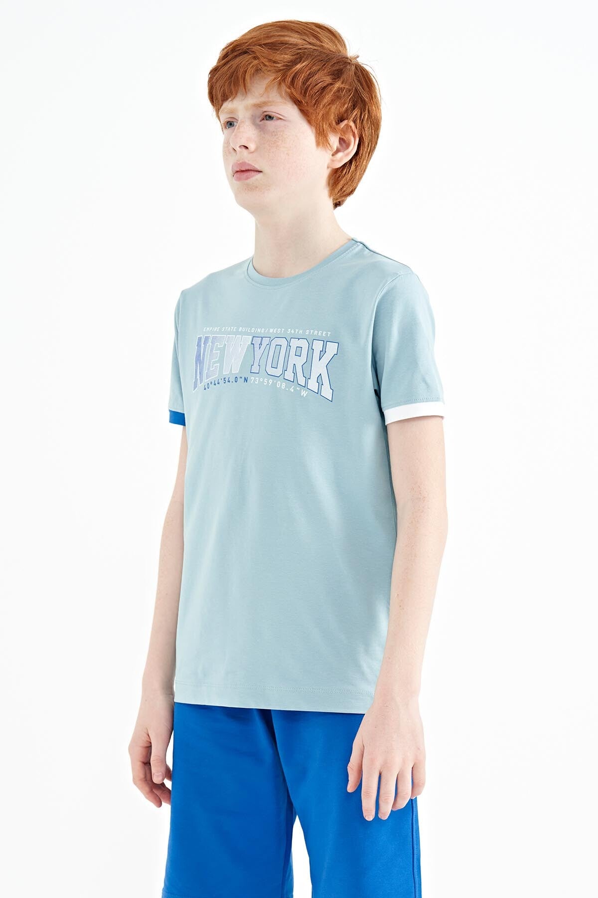 Açık Mavi Yazı Baskılı Standart Kalıp O Yaka Erkek  Çocuk T-Shirt - 11105