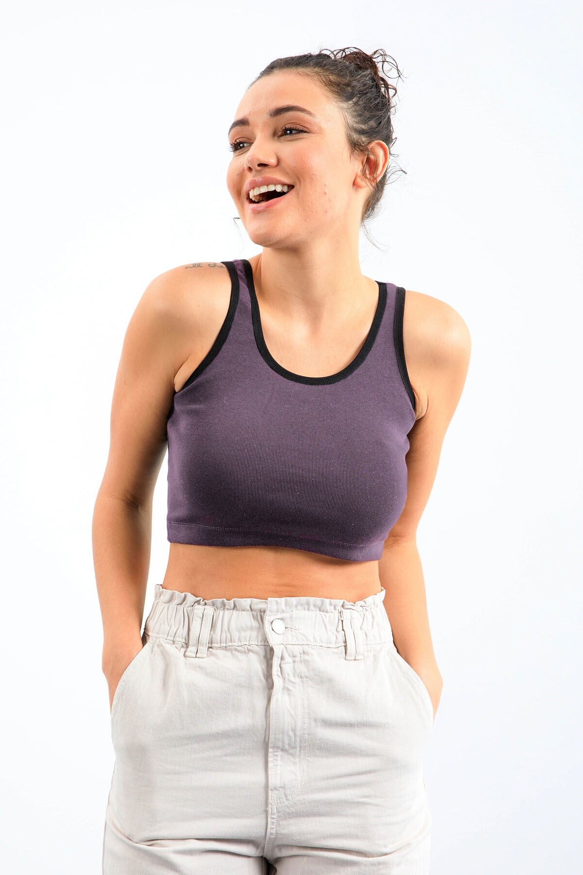 Açık Mor Basic Sıfır Kol Dar Kalıp U Yaka Kadın Crop Top Atlet - 97162