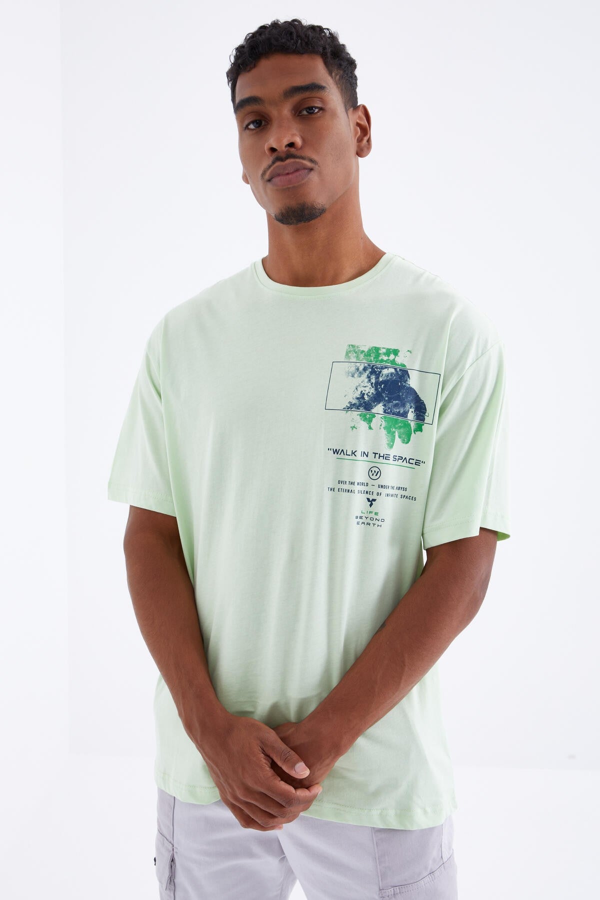Açık Yeşil Baskı Detaylı O Yaka Erkek Oversize T-Shirt  - 88099