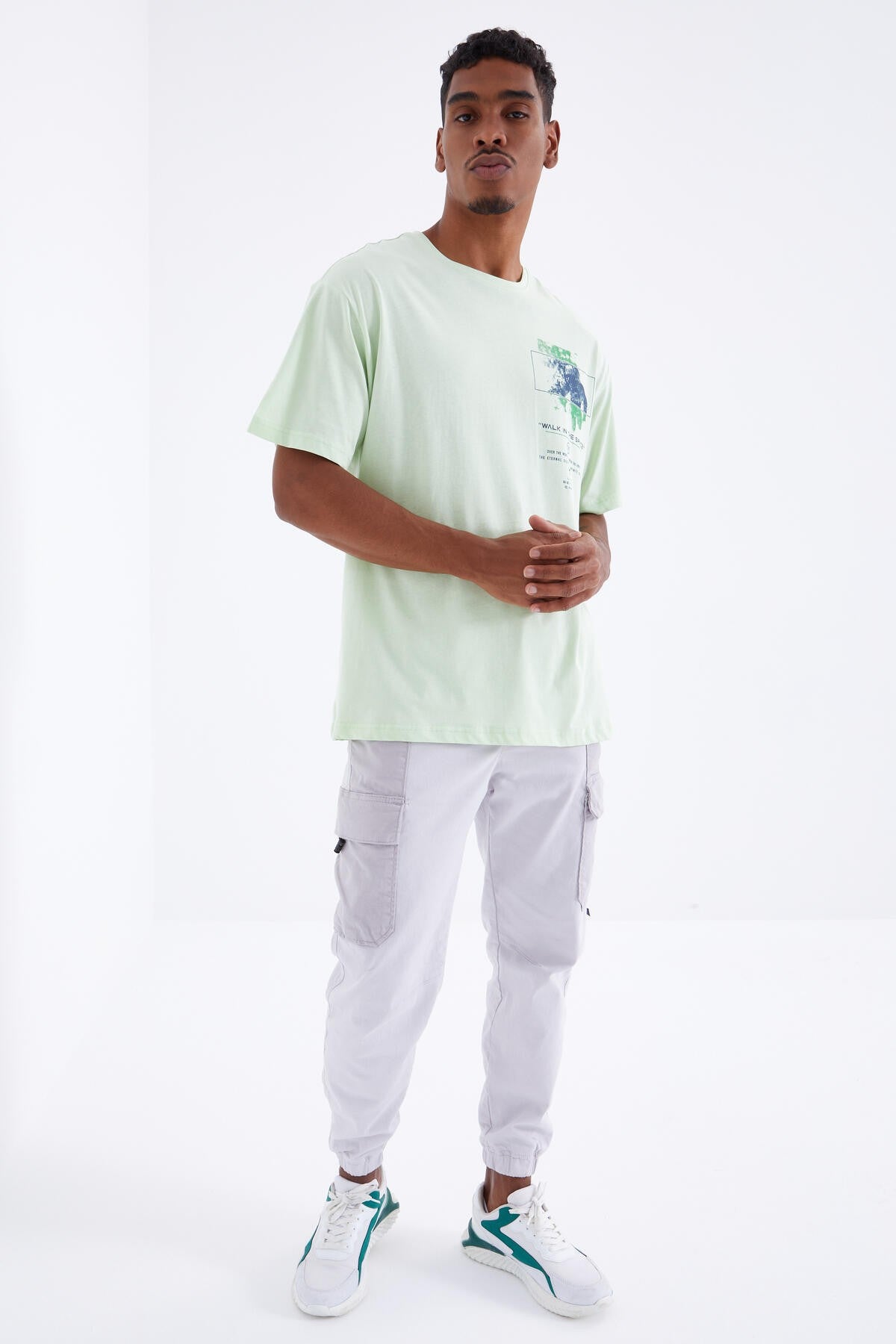 Açık Yeşil Baskı Detaylı O Yaka Erkek Oversize T-Shirt  - 88099