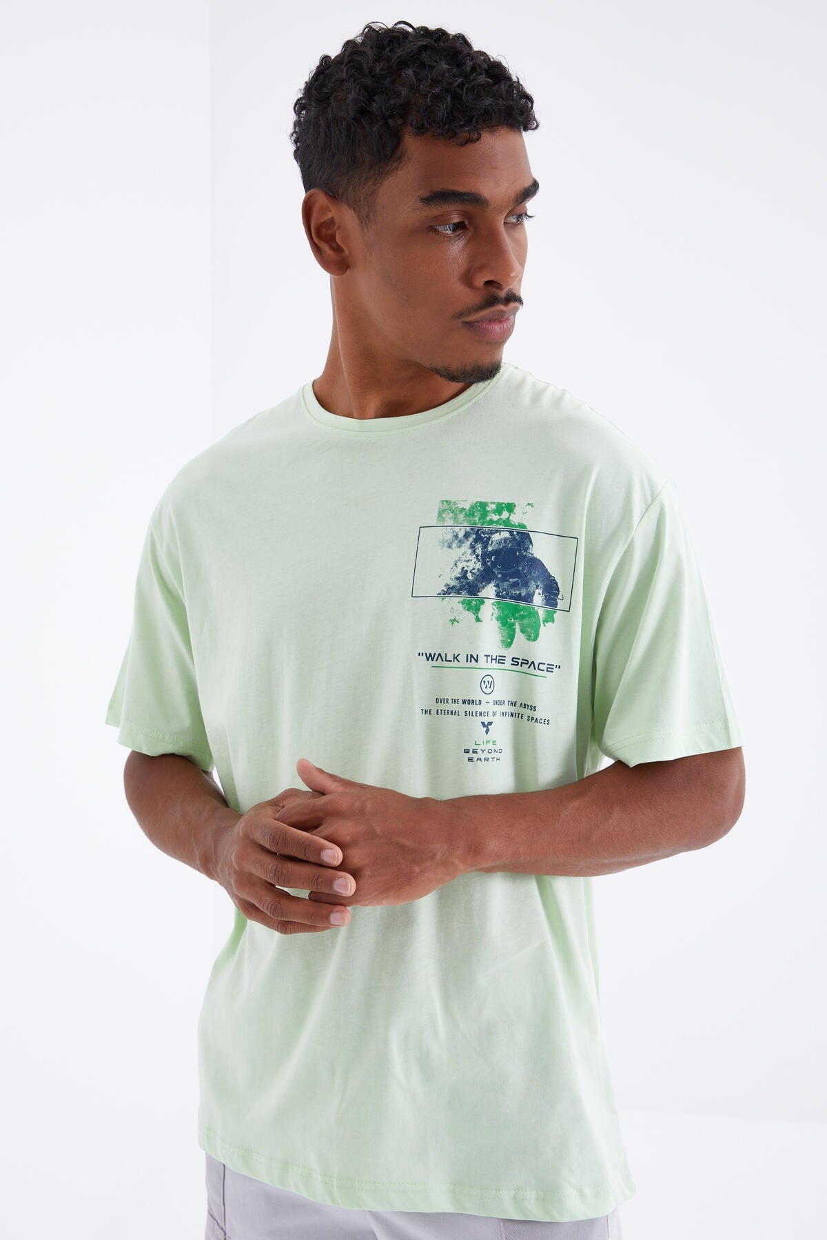 Açık Yeşil Baskı Detaylı O Yaka Erkek Oversize T-Shirt  - 88099