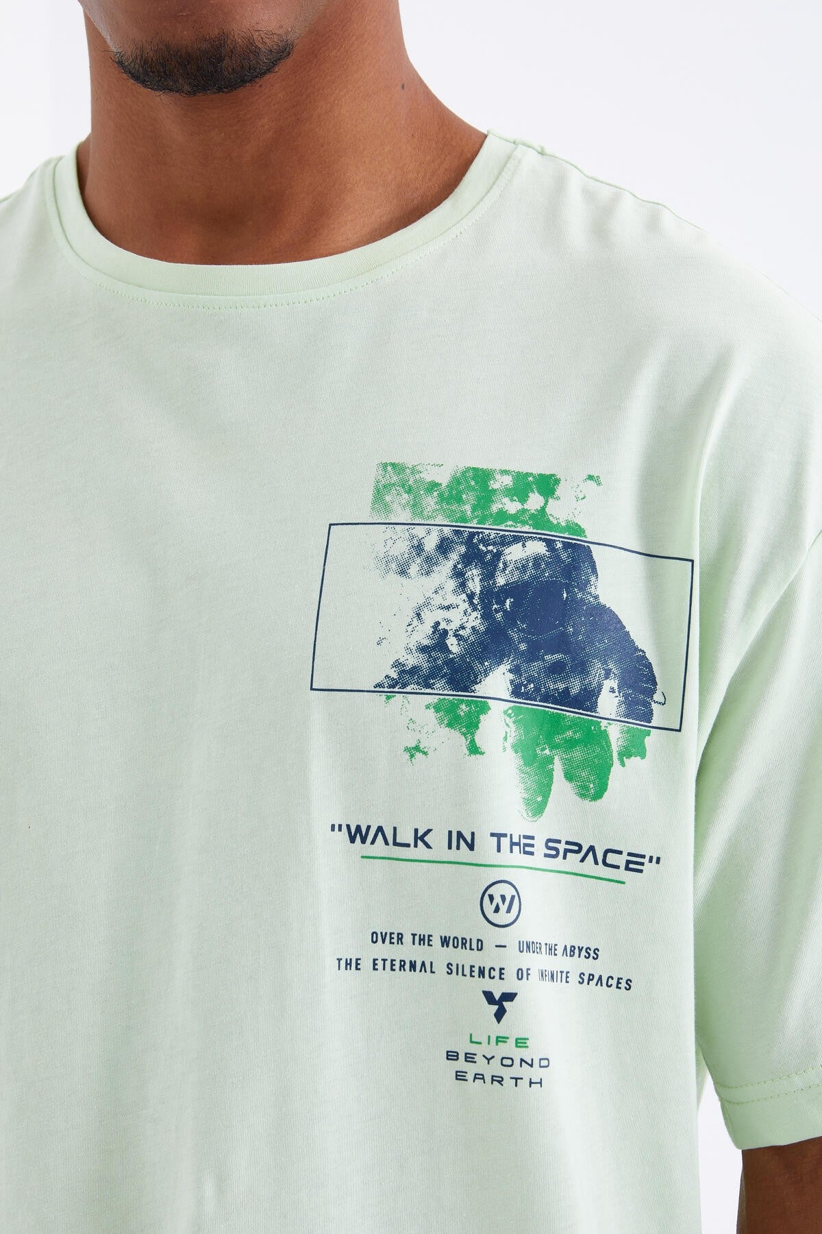 Açık Yeşil Baskı Detaylı O Yaka Erkek Oversize T-Shirt  - 88099
