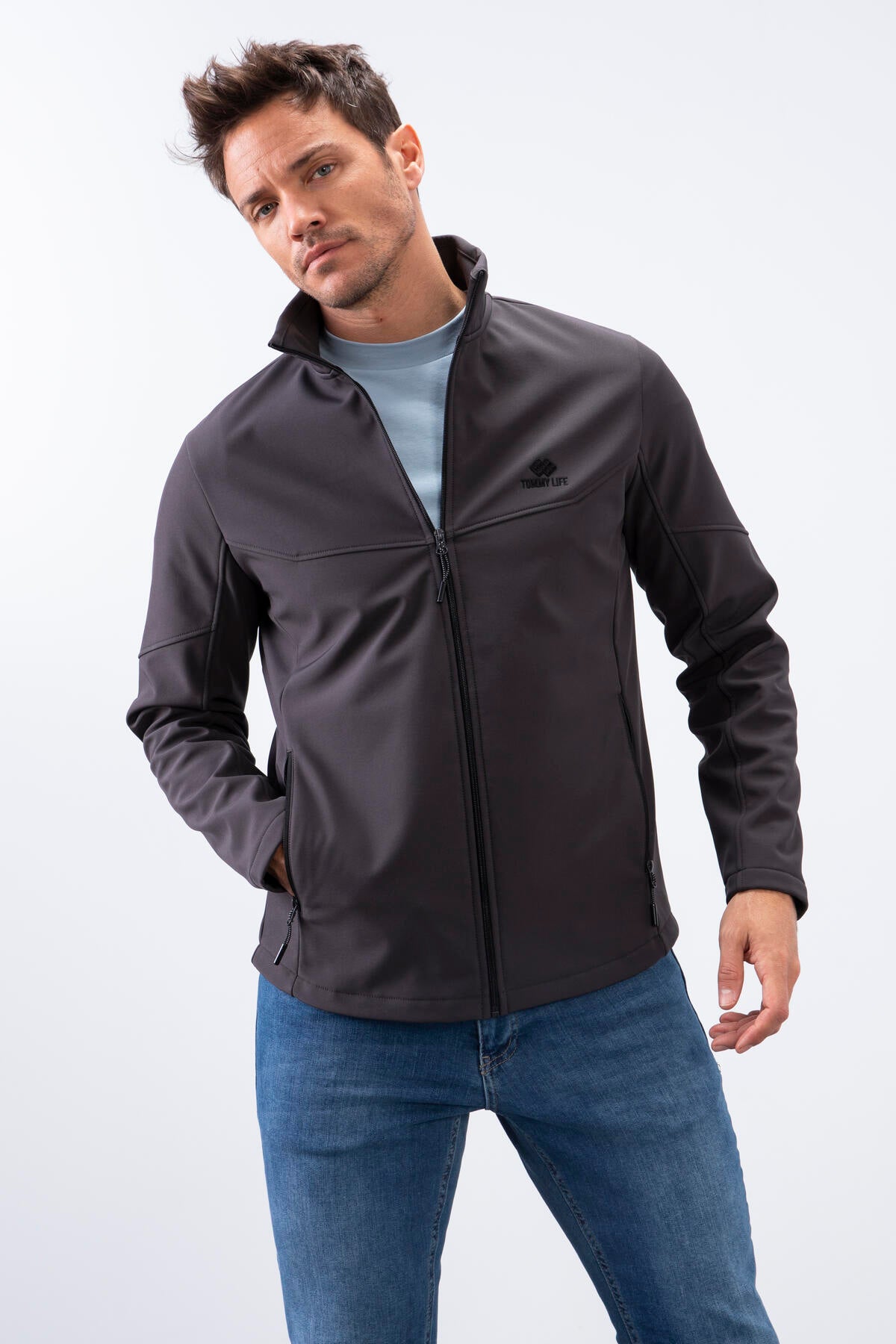 Antrasit Fermuarlı Dik Yaka Su ve Rüzgar Geçirmez Softshell Erkek Mont - 88050