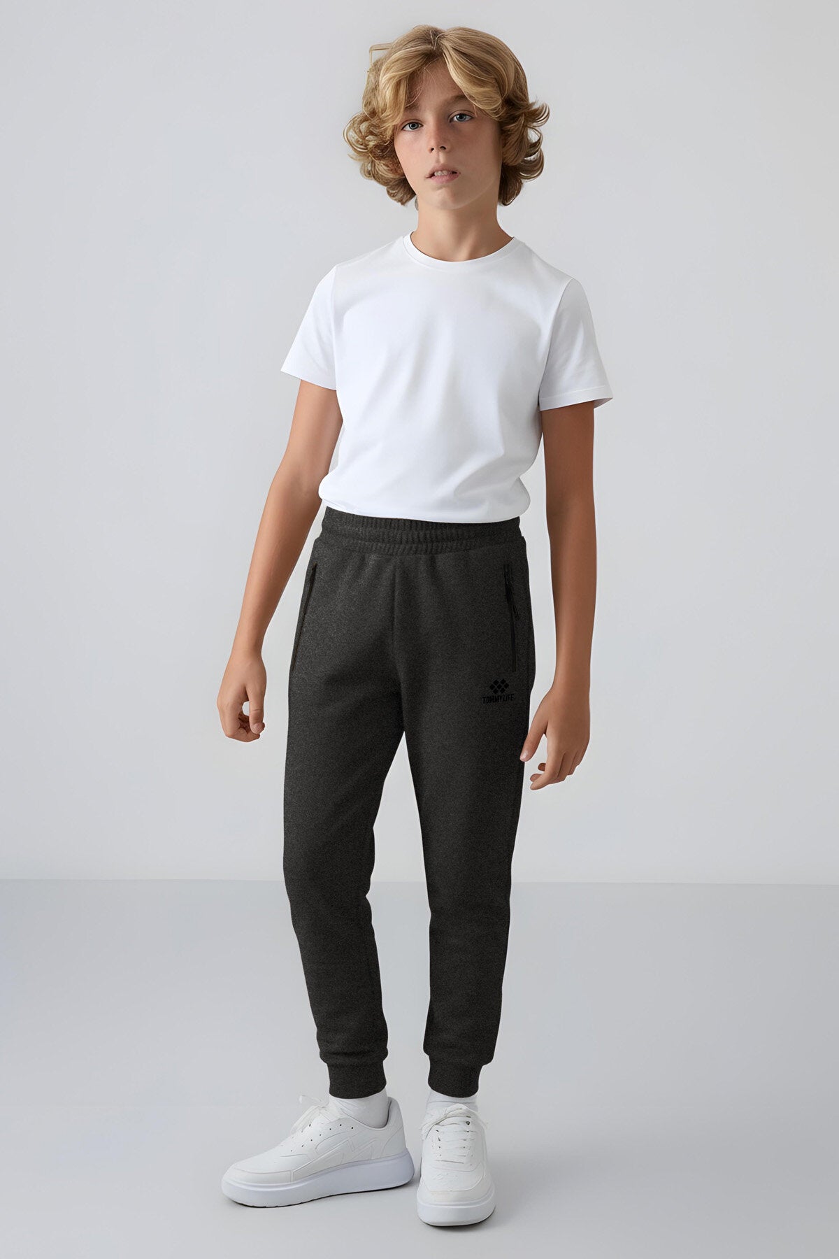 Antrasit Melanj Fermuarlı Standart Fit İnce Erkek Çocuk Eşofman Alt - 64042