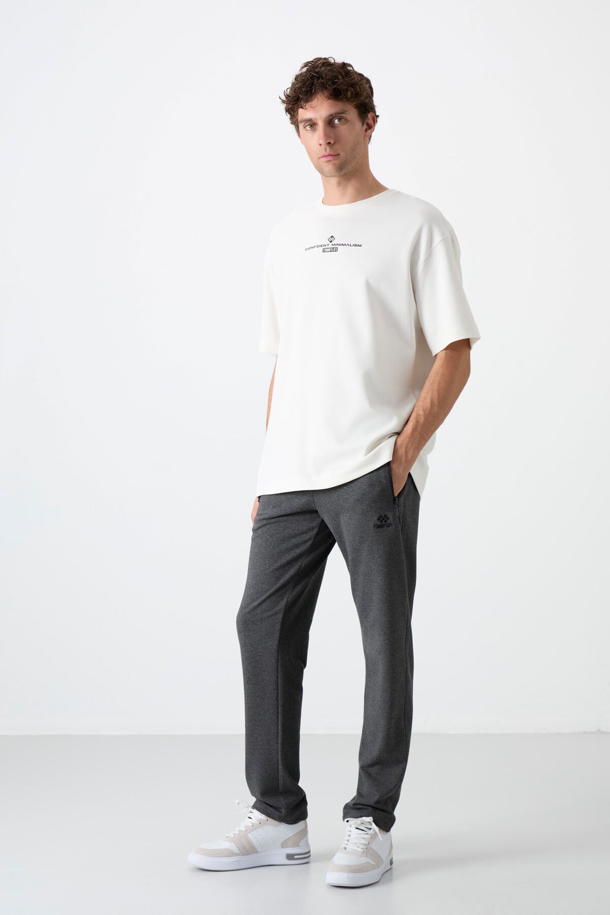 Antrasit Melanj Fermuarlı Üç Cepli Dar Kalıp Klasik Paça Erkek Eşofman Alt - 84671