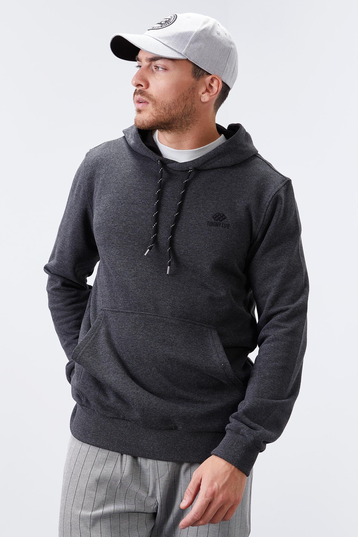 Antrasit Melanj Kanguru Cep Standart Kalıp Kapüşonlu Erkek Sweatshirt - 87872