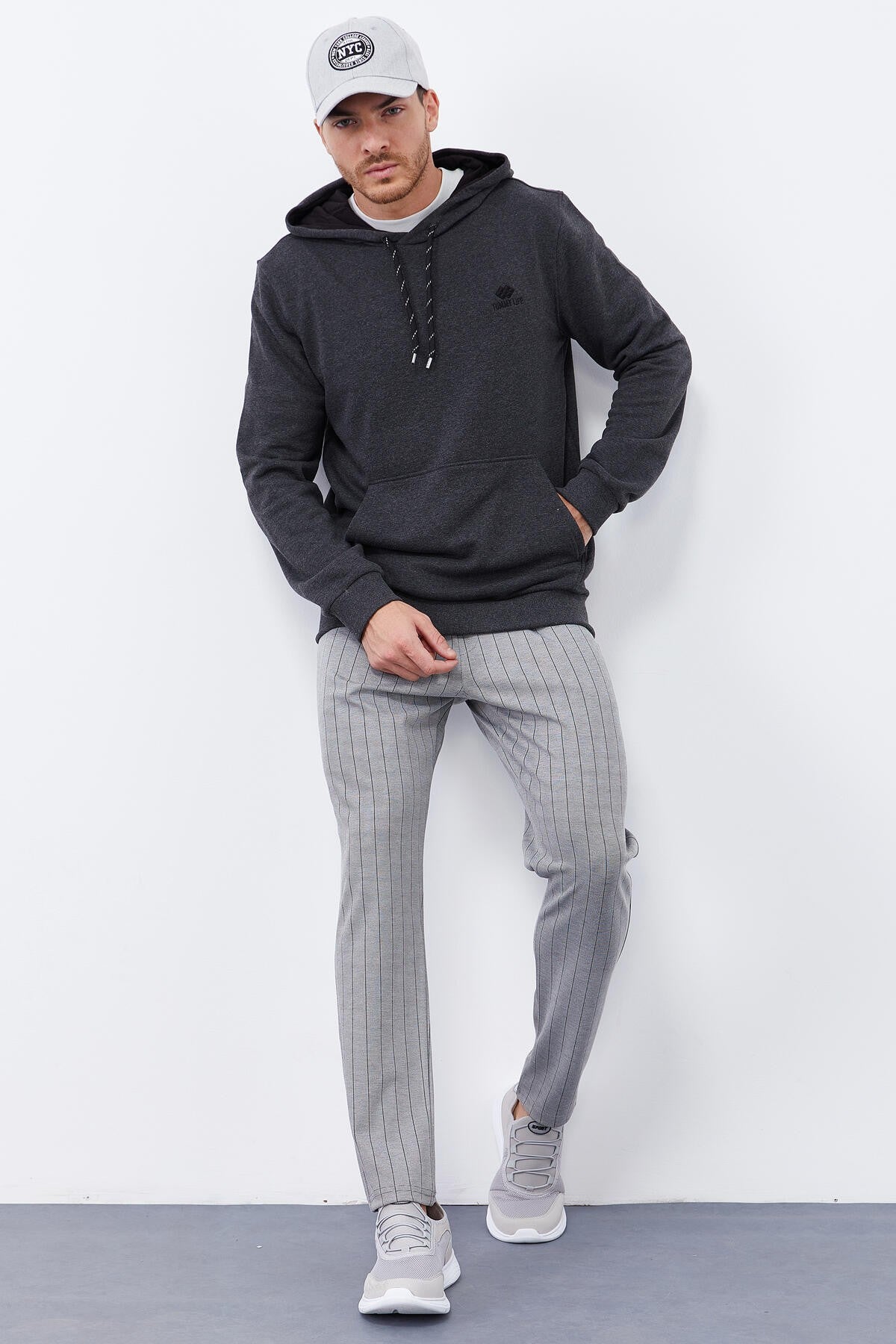 Antrasit Melanj Kanguru Cep Standart Kalıp Kapüşonlu Erkek Sweatshirt - 87872