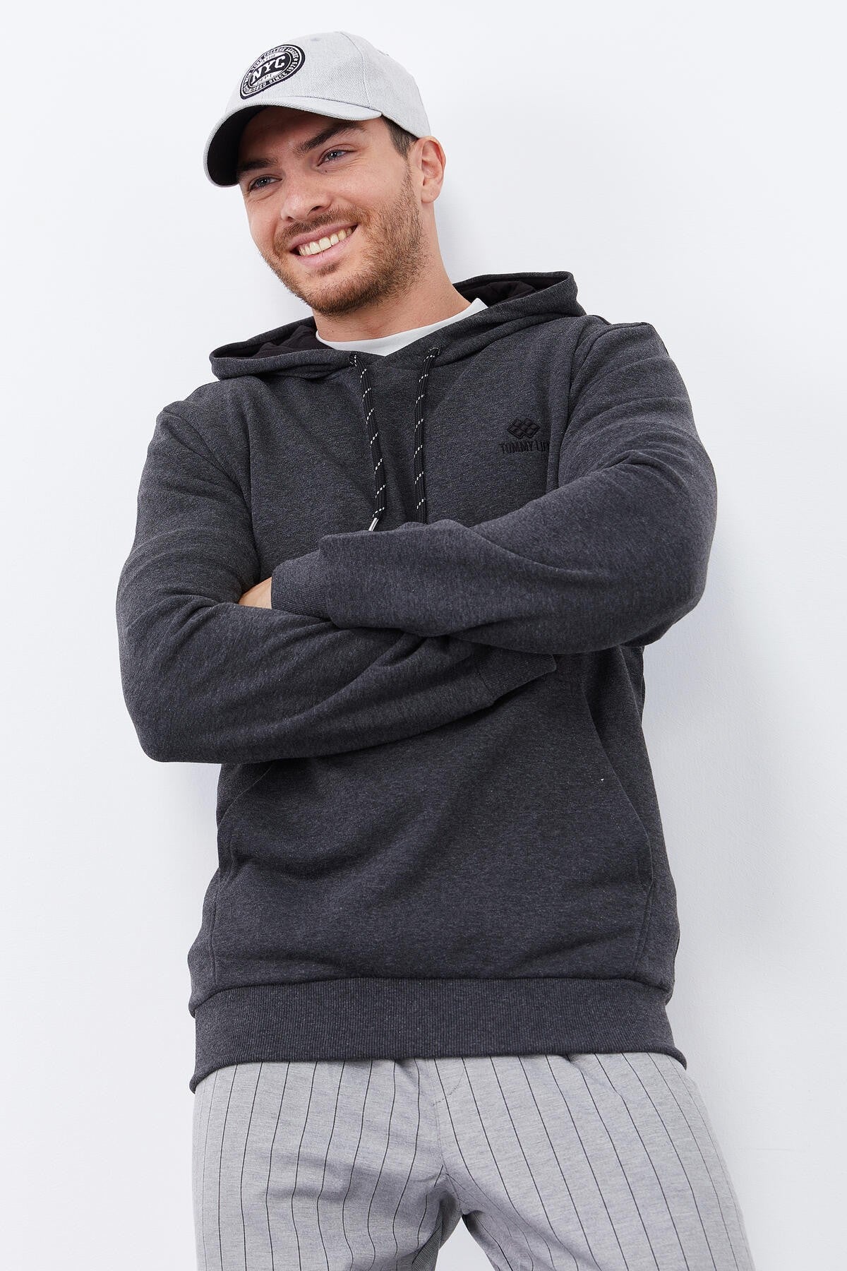 Antrasit Melanj Kanguru Cep Standart Kalıp Kapüşonlu Erkek Sweatshirt - 87872