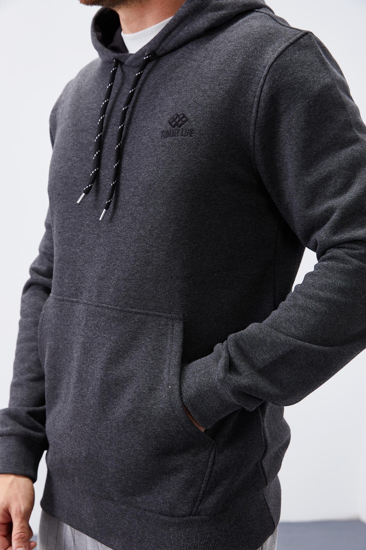 Antrasit Melanj Kanguru Cep Standart Kalıp Kapüşonlu Erkek Sweatshirt - 87872