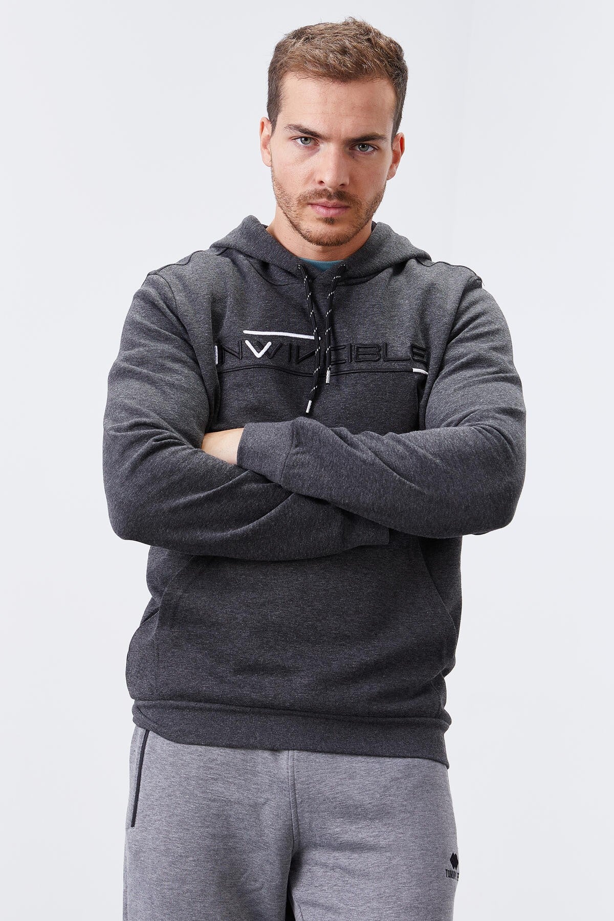 Antrasit Melanj Kanguru Cep Standart Kalıp Kapüşonlu Erkek Sweatshirt - 87883