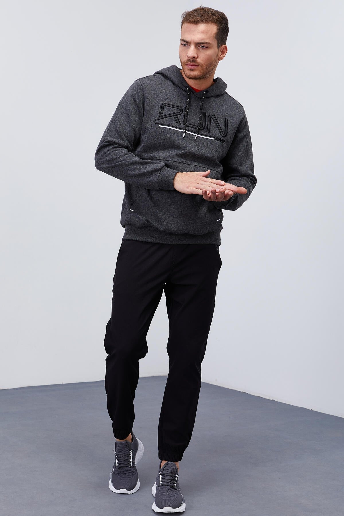 Antrasit Melanj Yazı Nakışlı Standart Kalıp Kapüşonlu Erkek Sweatshirt - 87887